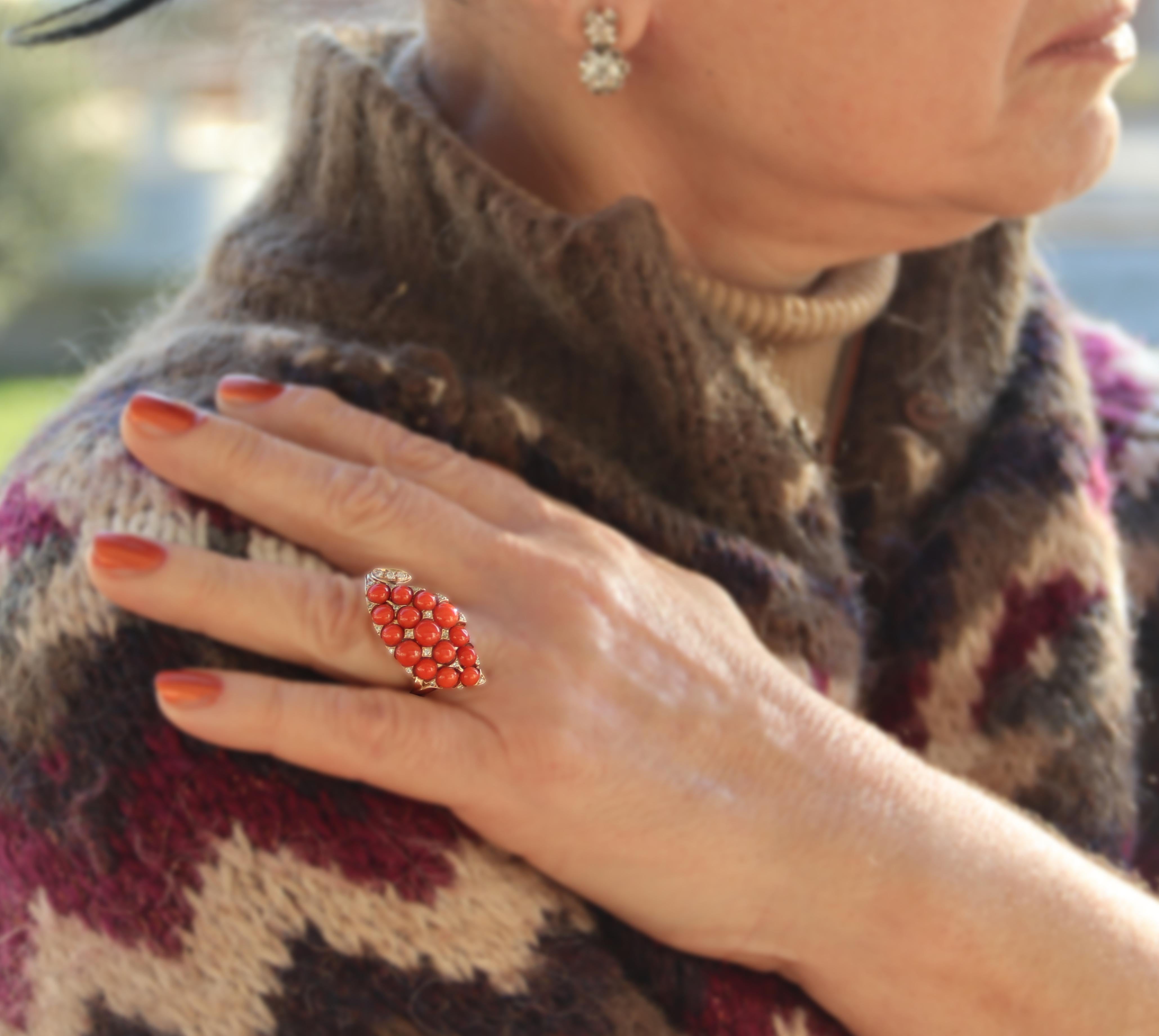 Coral Diamonds 14 Karat Yellow Gold Cocktail Ring For Sale 4