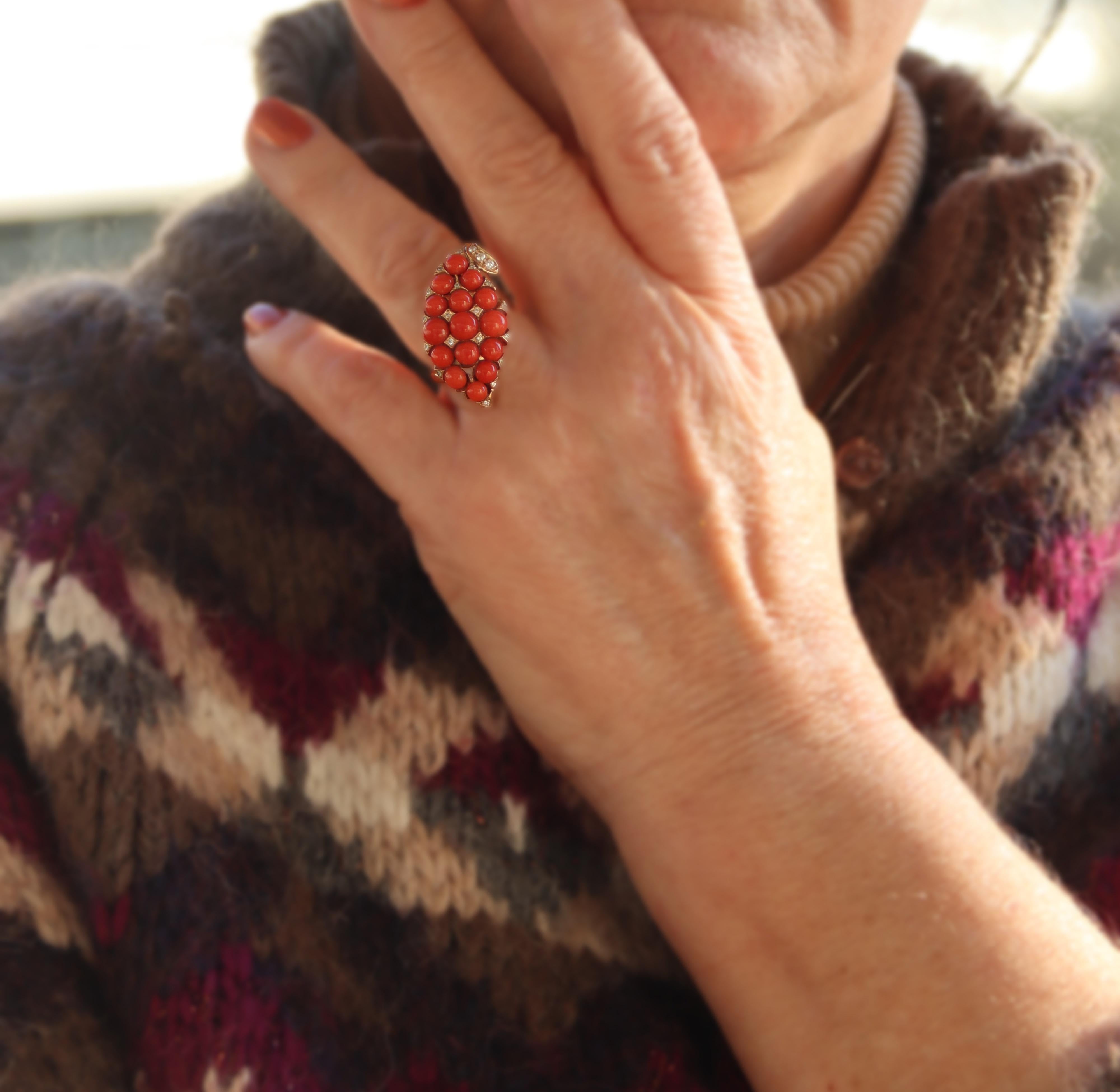 Coral Diamonds 14 Karat Yellow Gold Cocktail Ring For Sale 5
