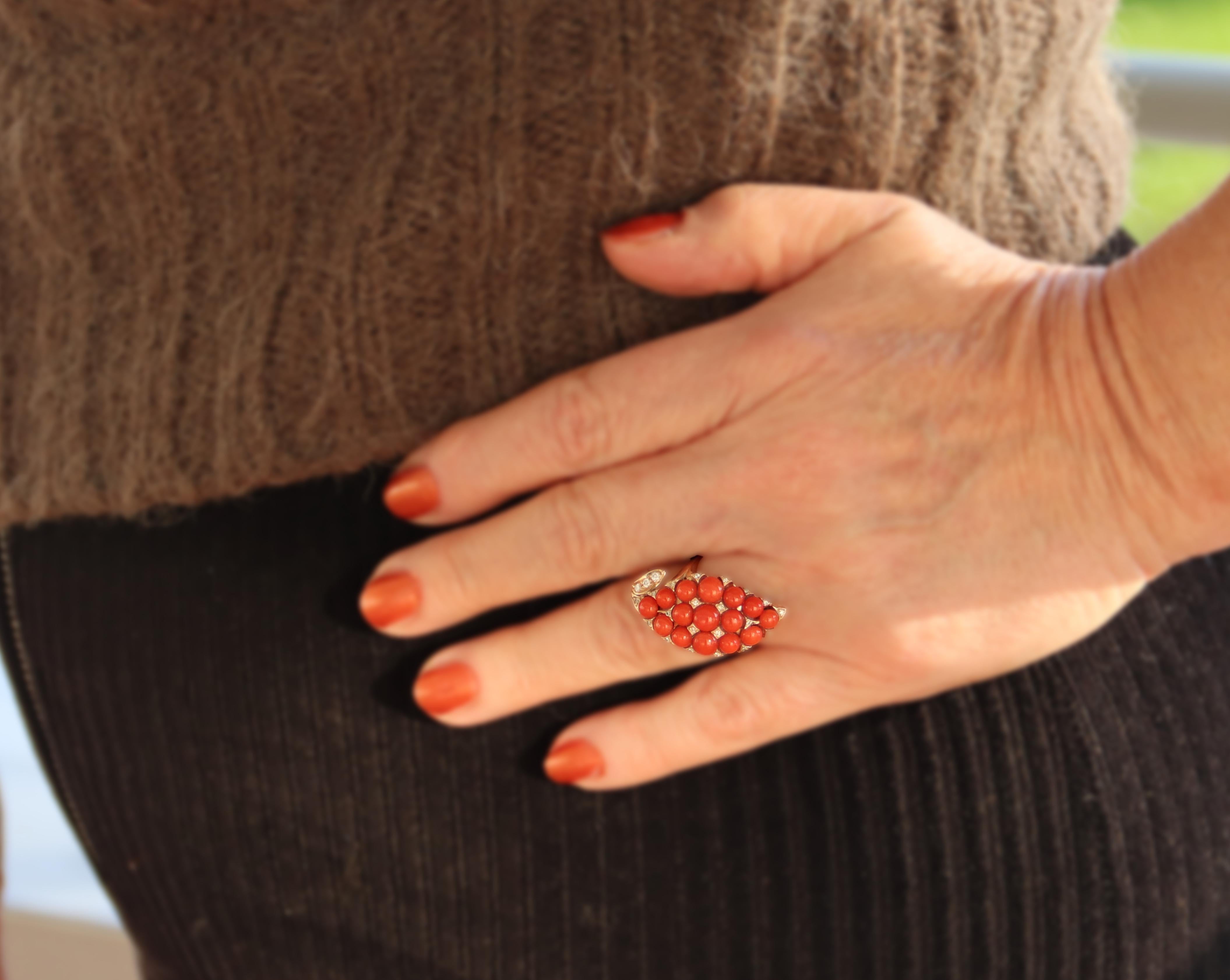 Coral Diamonds 14 Karat Yellow Gold Cocktail Ring For Sale 6