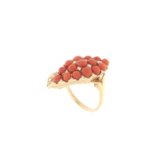 Retro 14K Yellow Gold Coral and Diamond Cocktail Ring, Italy, 1990