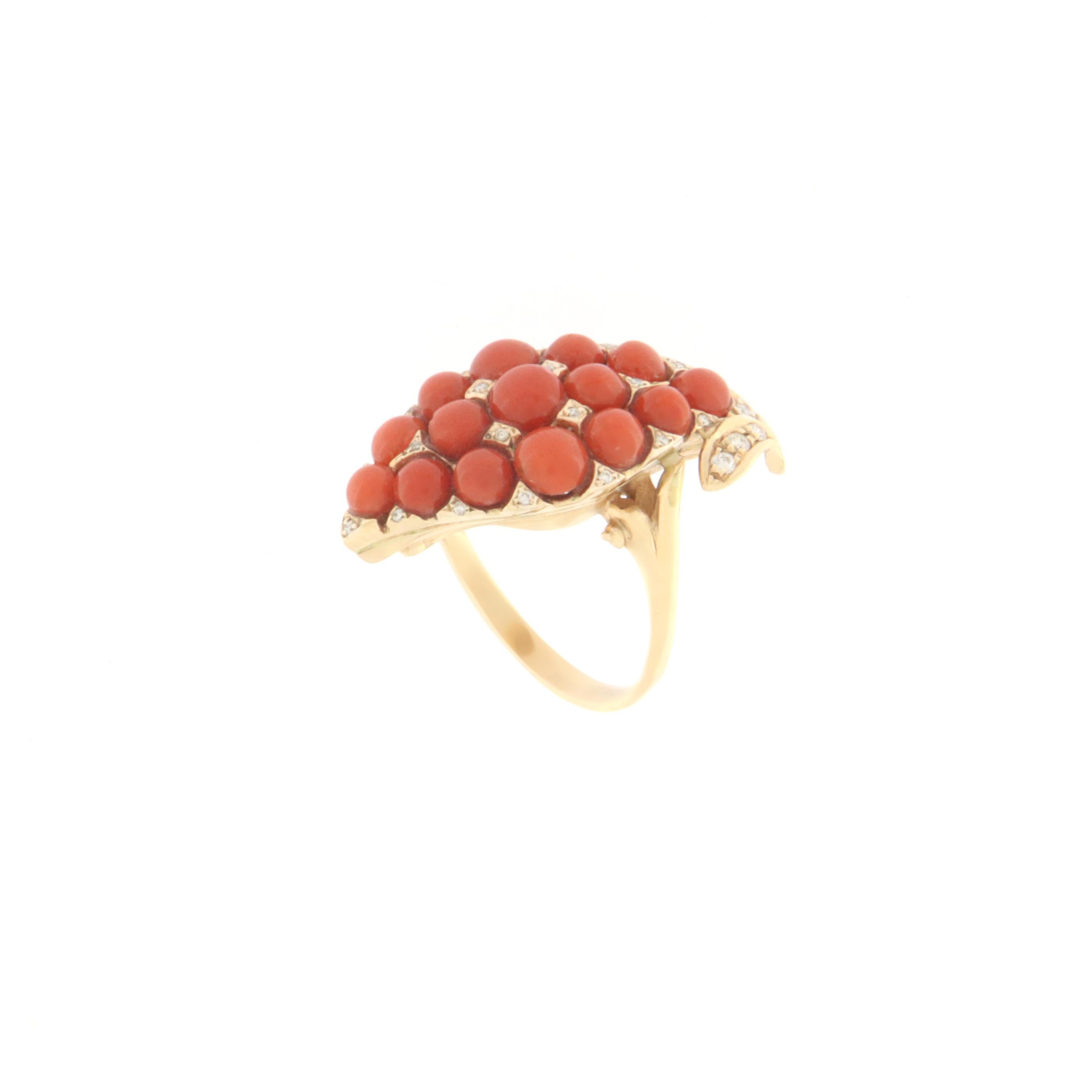 Retro Coral Diamonds 14 Karat Yellow Gold Cocktail Ring For Sale