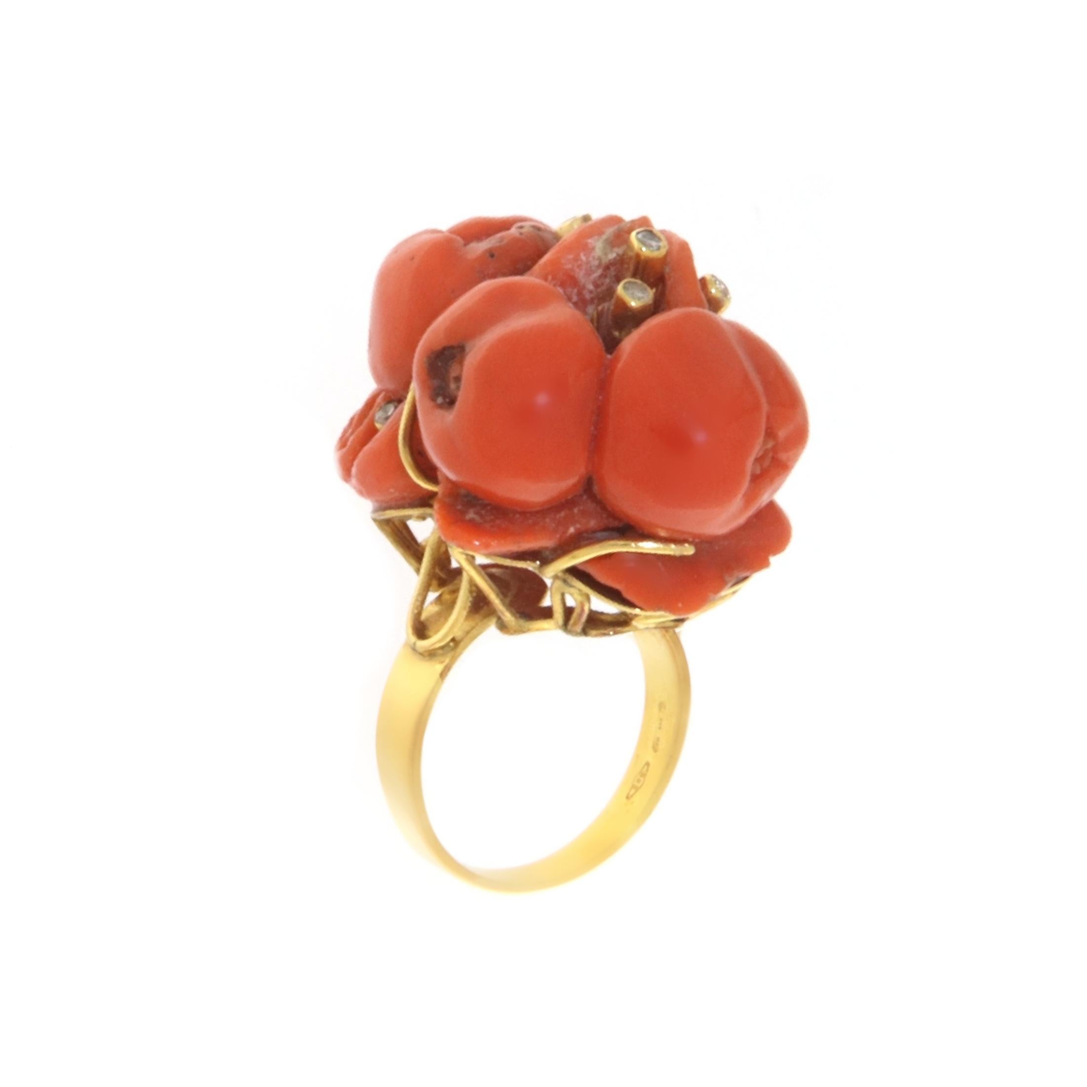 Artisan Coral Diamonds 14 Karat Yellow Gold Cocktail Ring For Sale