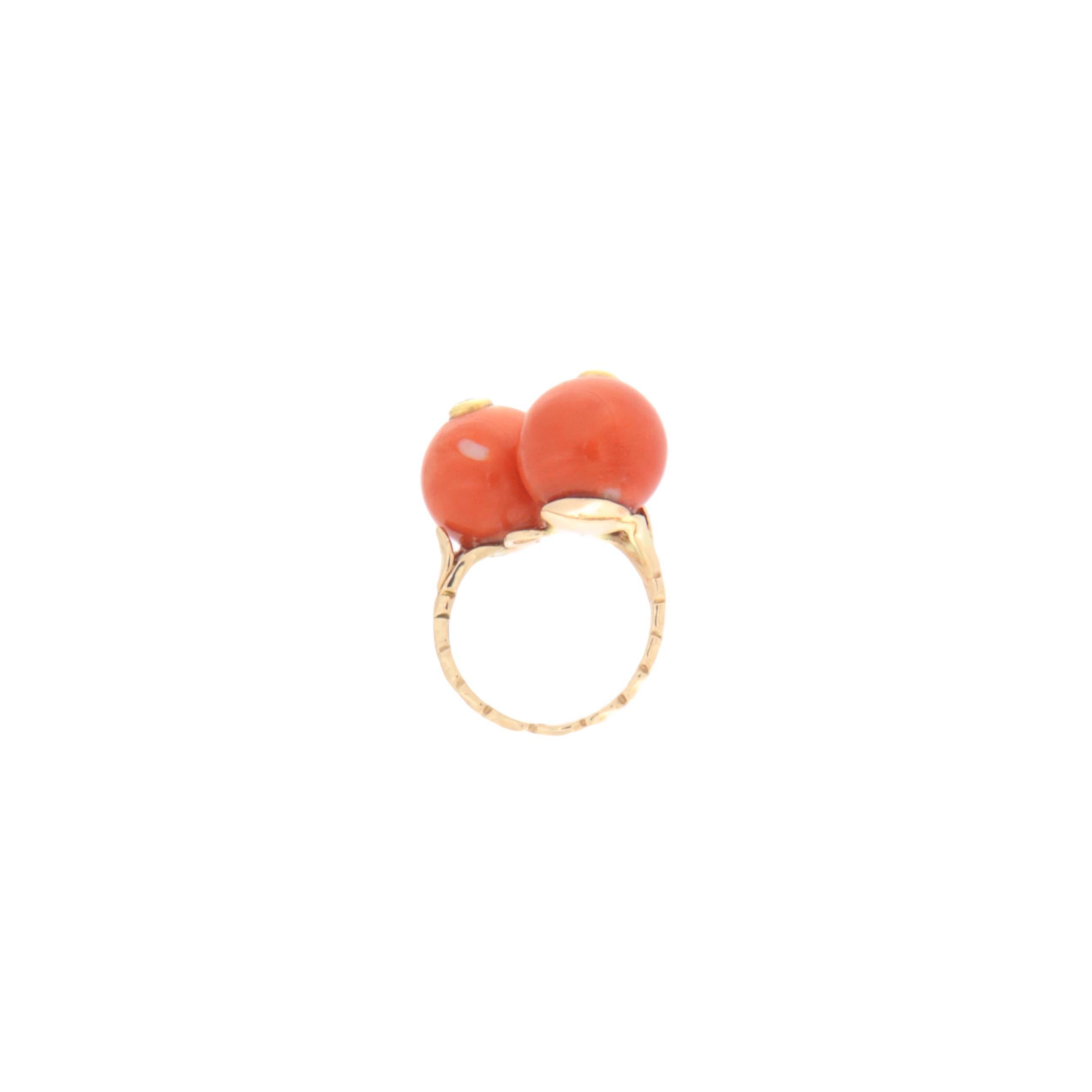 Artisan Coral Diamonds 14 Karat Yellow Gold Cocktail Ring For Sale