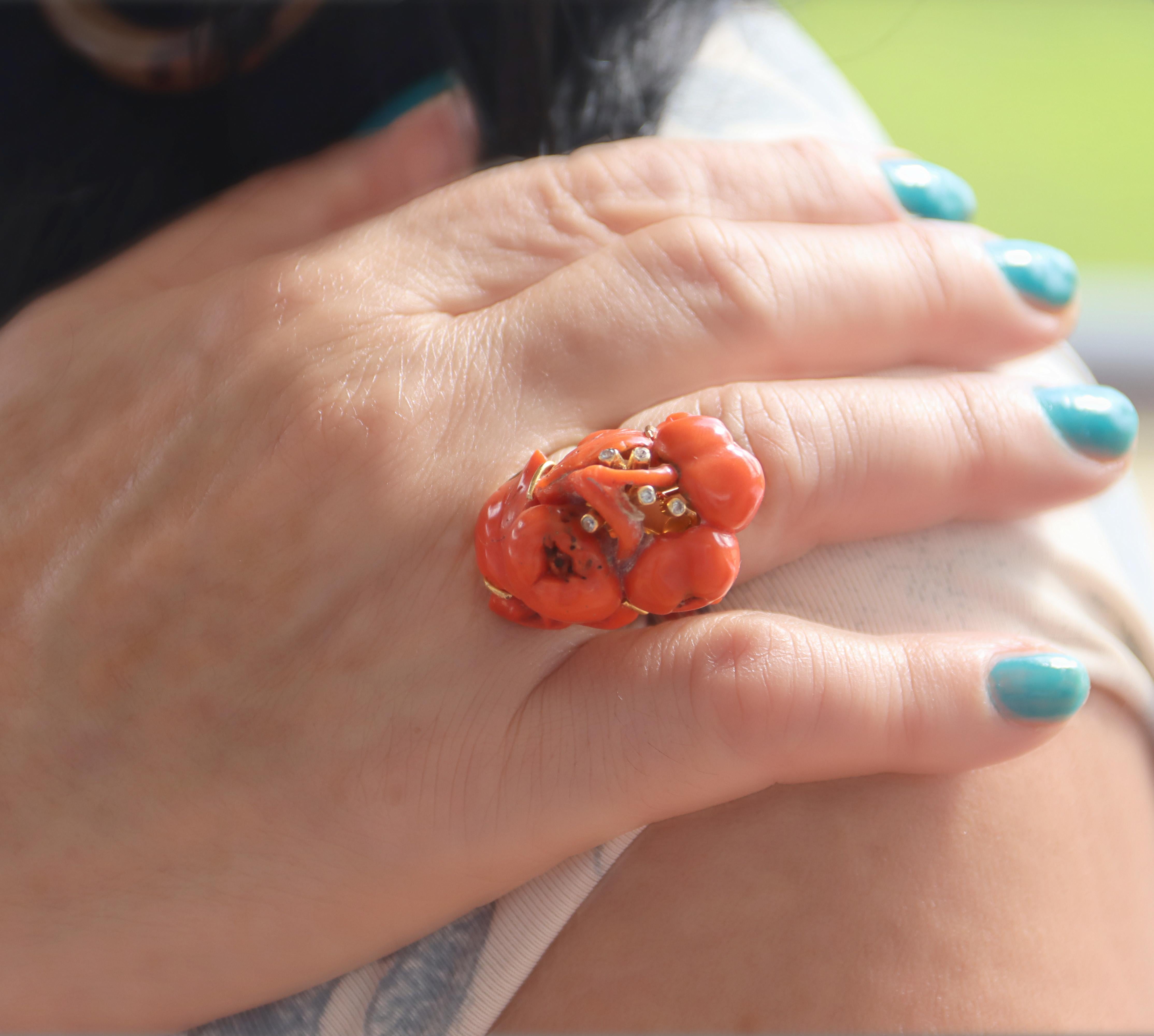 Coral Diamonds 14 Karat Yellow Gold Cocktail Ring For Sale 2