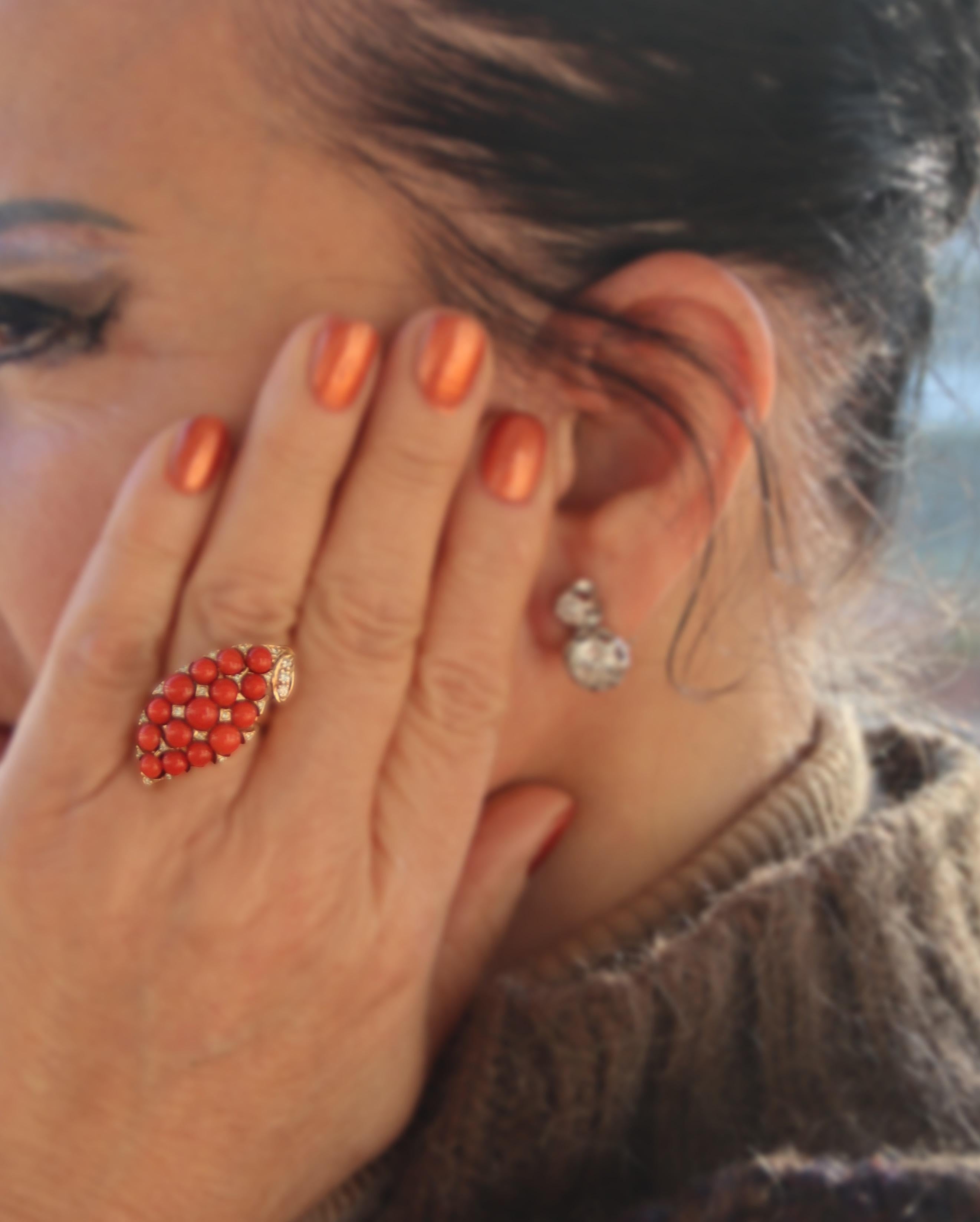 Coral Diamonds 14 Karat Yellow Gold Cocktail Ring For Sale 3