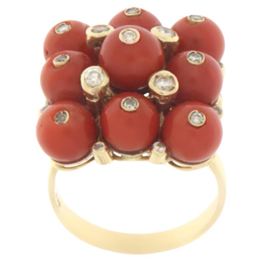 Coral Diamonds 14 Karat Yellow Gold Cocktail Ring For Sale