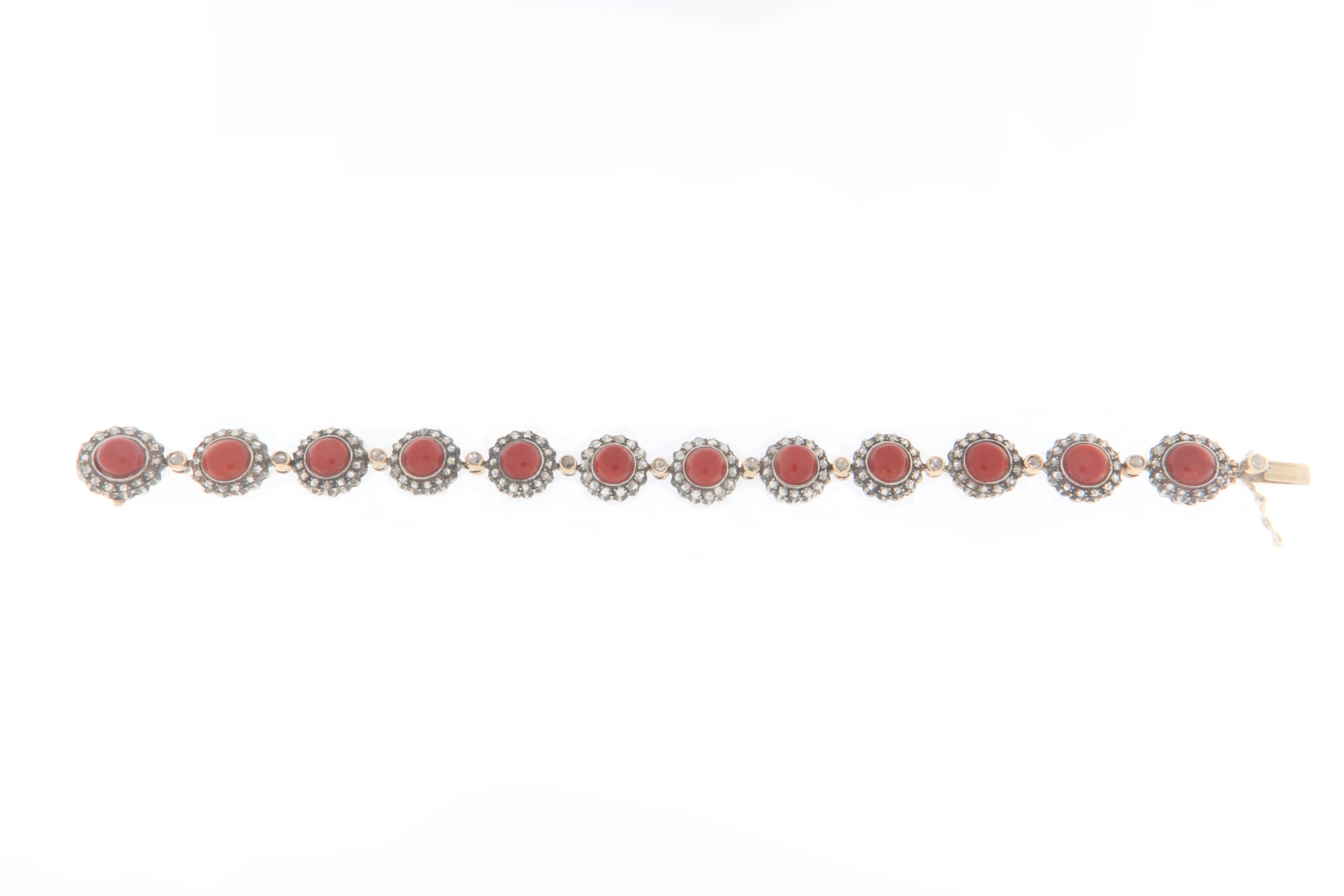 Artisan Coral Diamonds 14 Karat Yellow Gold Cuff Bracelet For Sale
