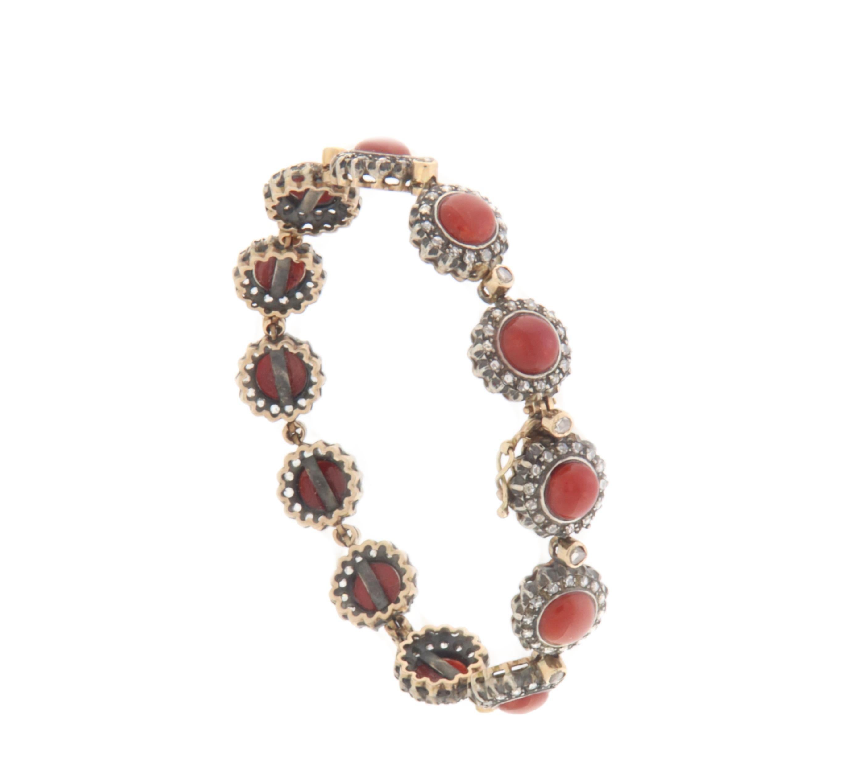Old European Cut Coral Diamonds 14 Karat Yellow Gold Cuff Bracelet For Sale