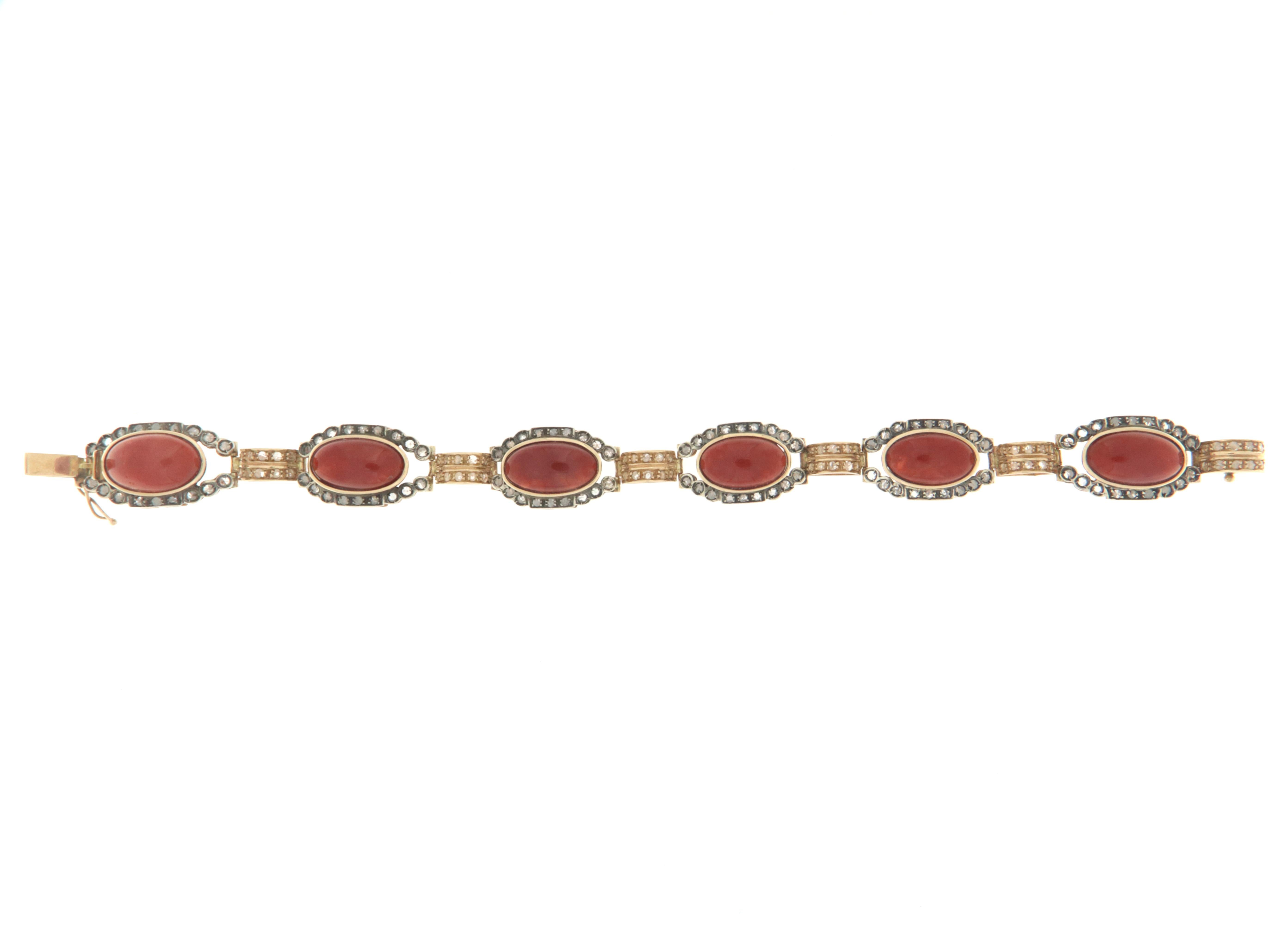 Women's Coral Diamonds 14 Karat Yellow Gold Cuff Bracelet For Sale