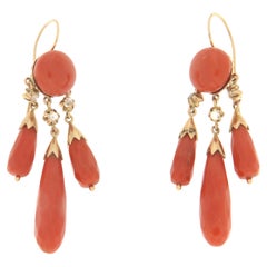 14kt Yellow Gold Coral Drop Earrings with Rose Cut Diamonds, Italy