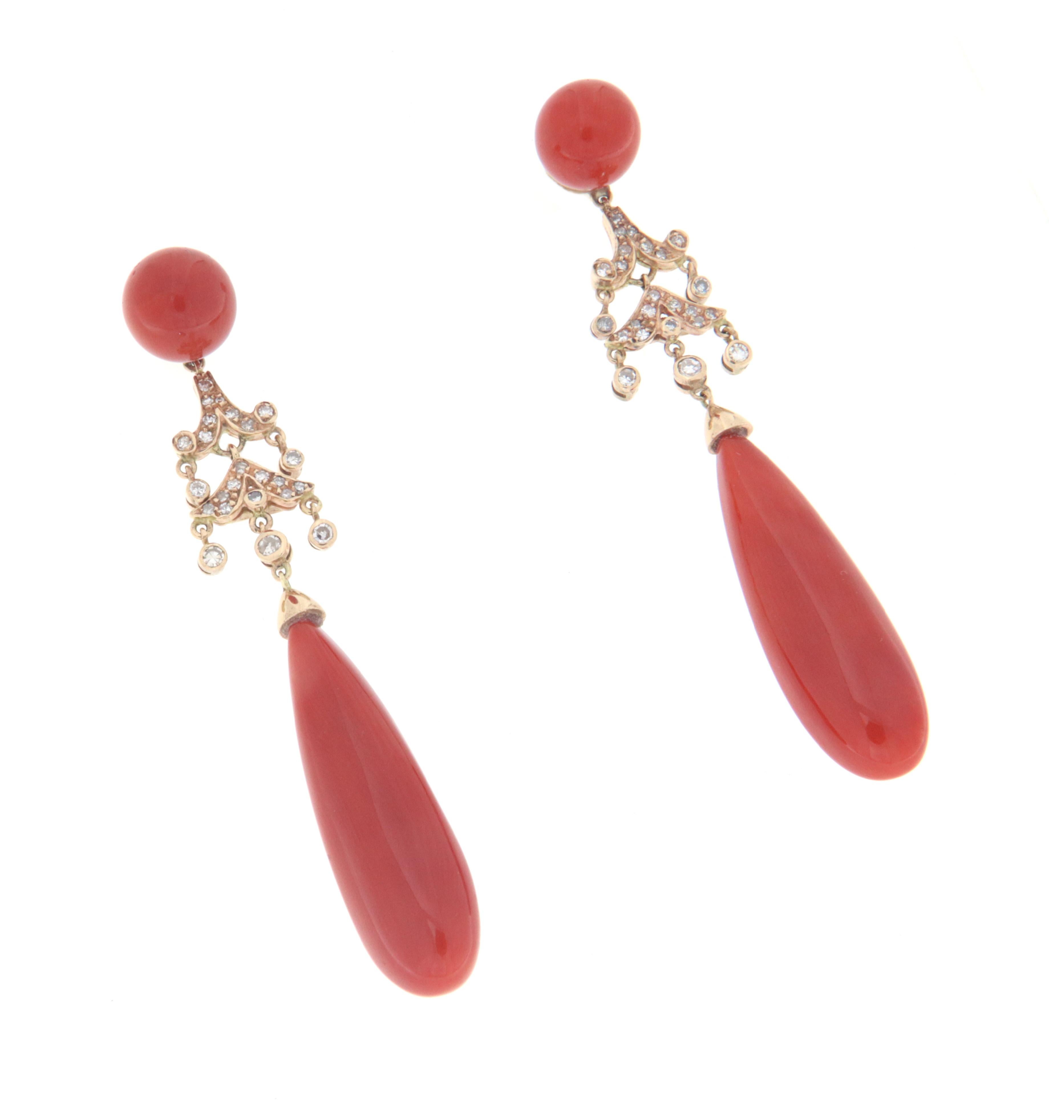Artisan Coral Diamonds 14 Karat Yellow Gold Drop Earrings For Sale
