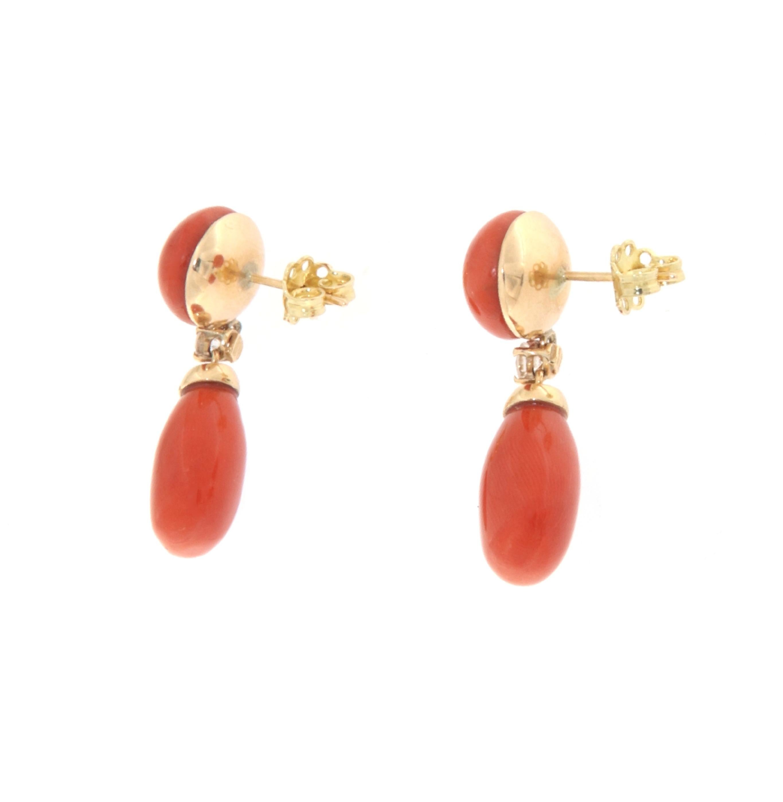 De las mujeres Pendientes de gota de oro amarillo de 14 quilates con diamantes de coral en venta