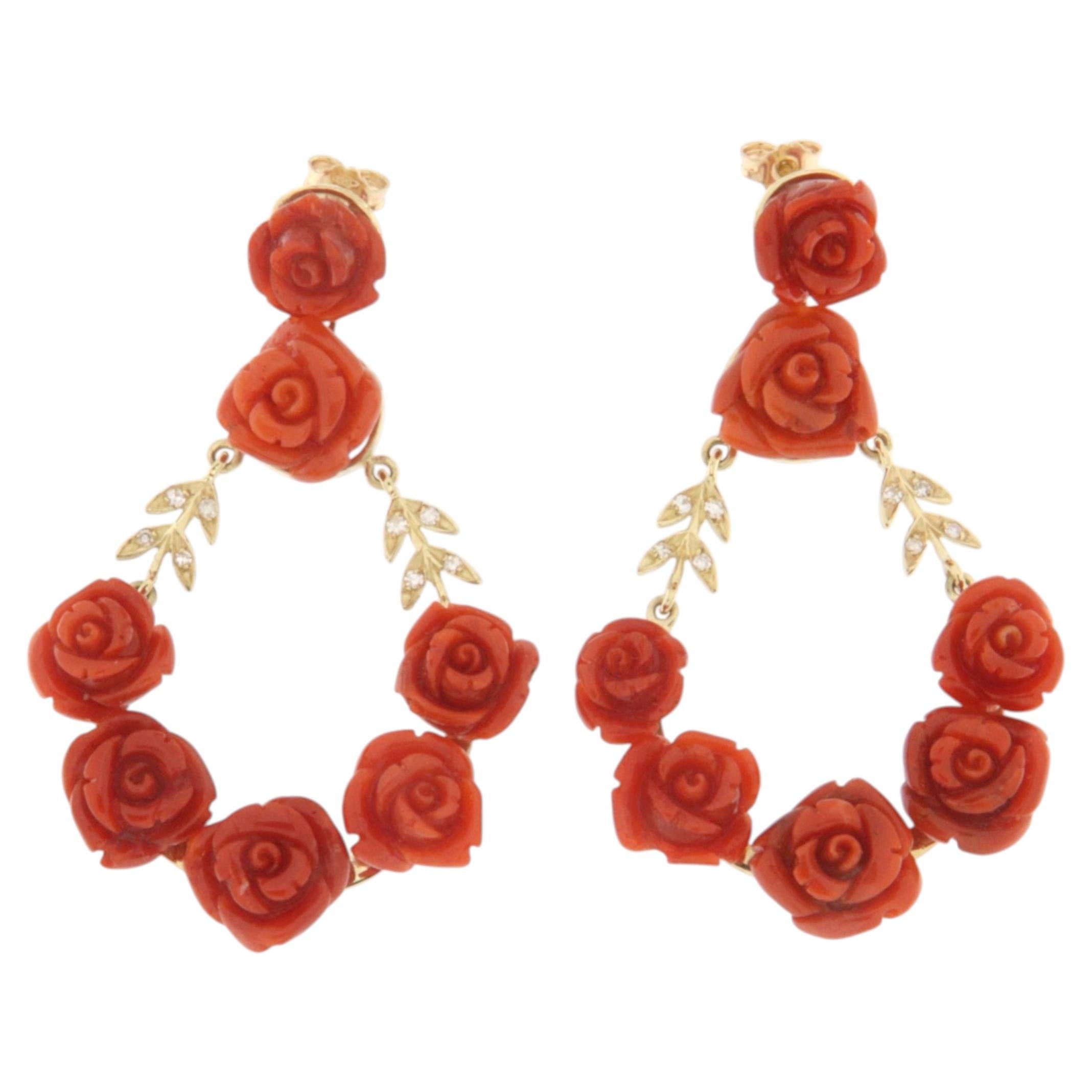 Contemporary 14K Yellow Gold Coral Diamond Grain Setting Drop Earring For Sale