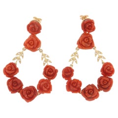 SCALA GIOIELLI 14kt Yellow Gold Coral & Diamond Drop Earrings, Italy