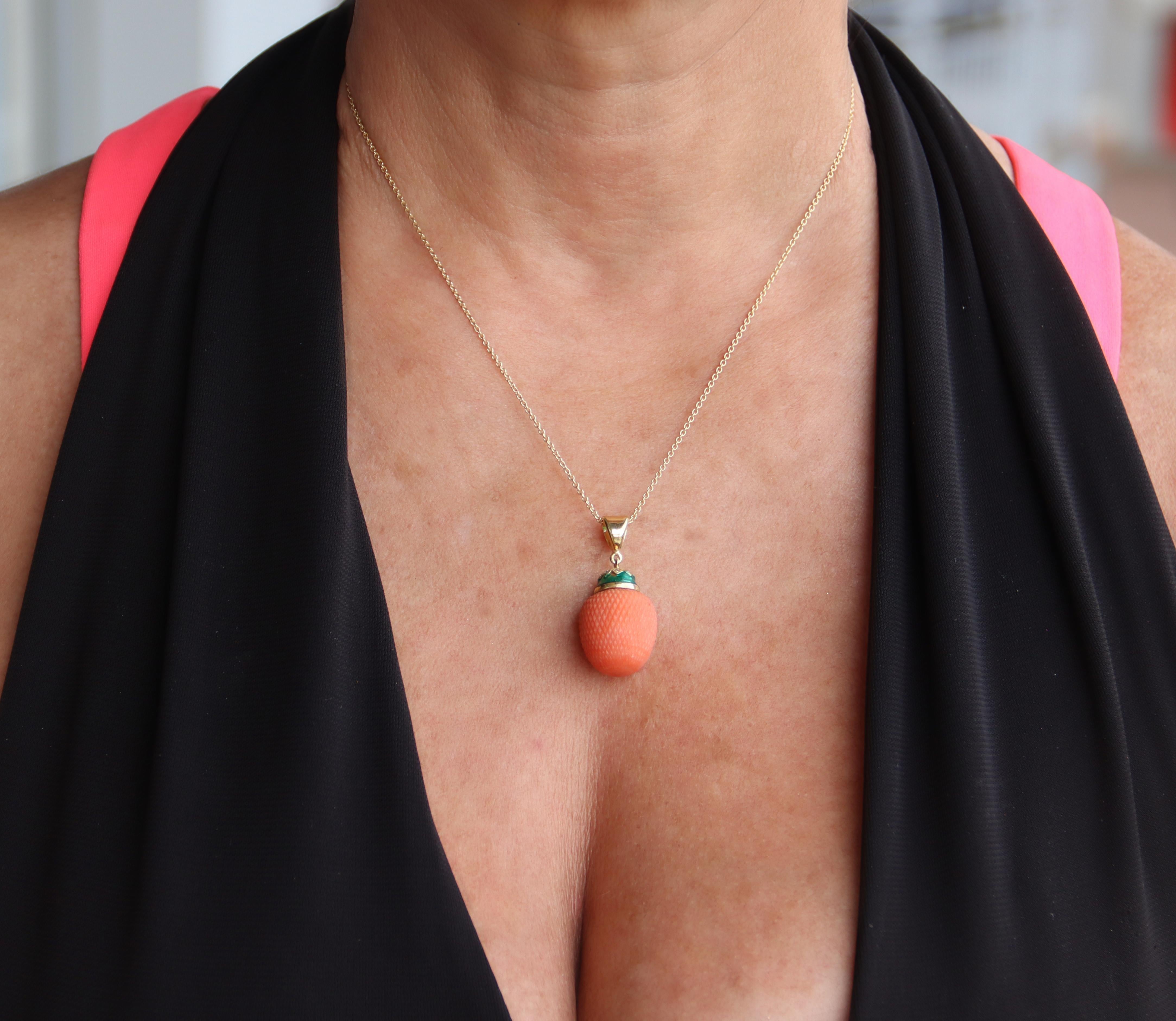 Coral Diamonds 14 Karat Yellow Gold Pendant Necklace For Sale 4