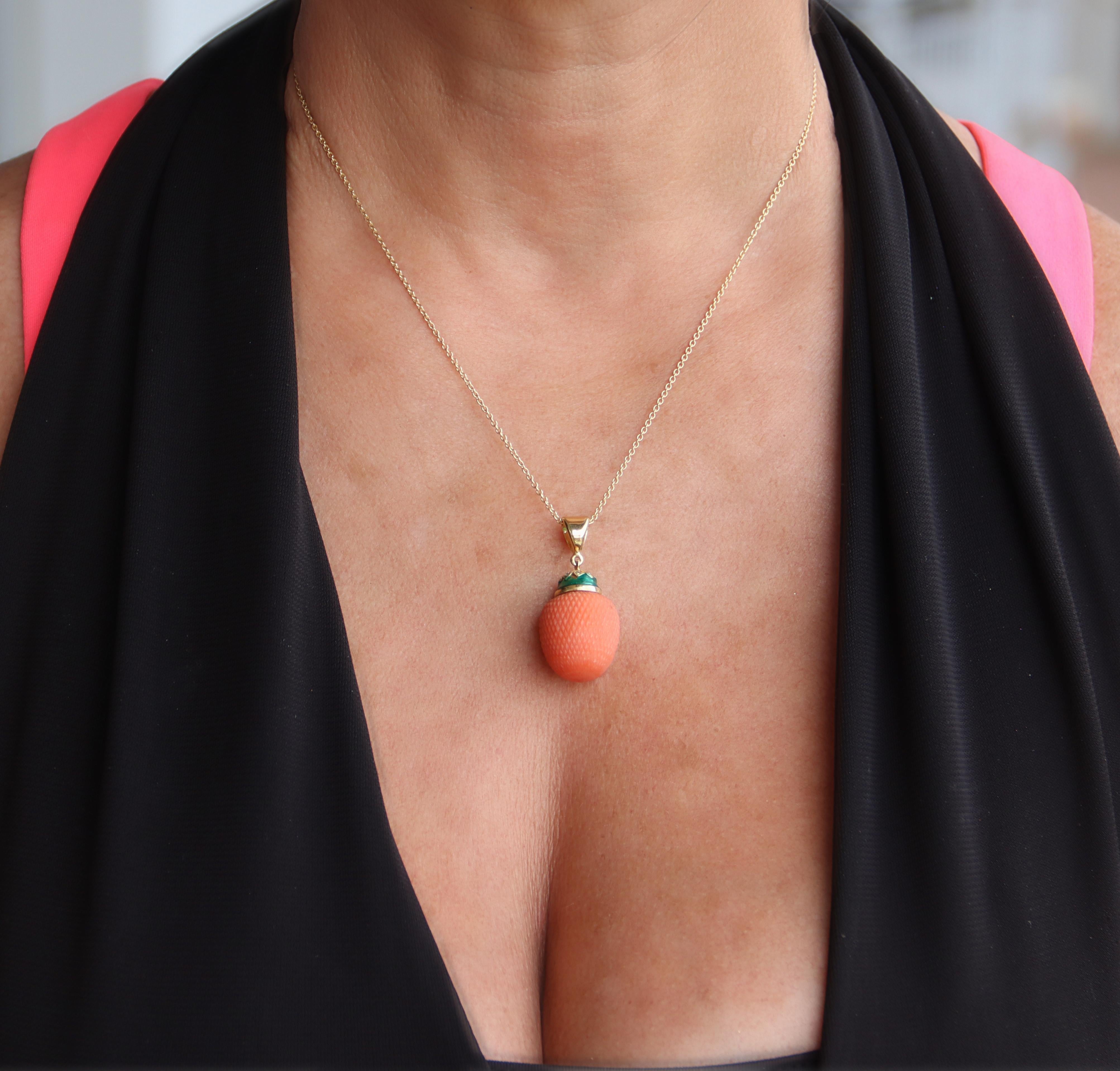 Coral Diamonds 14 Karat Yellow Gold Pendant Necklace For Sale 5
