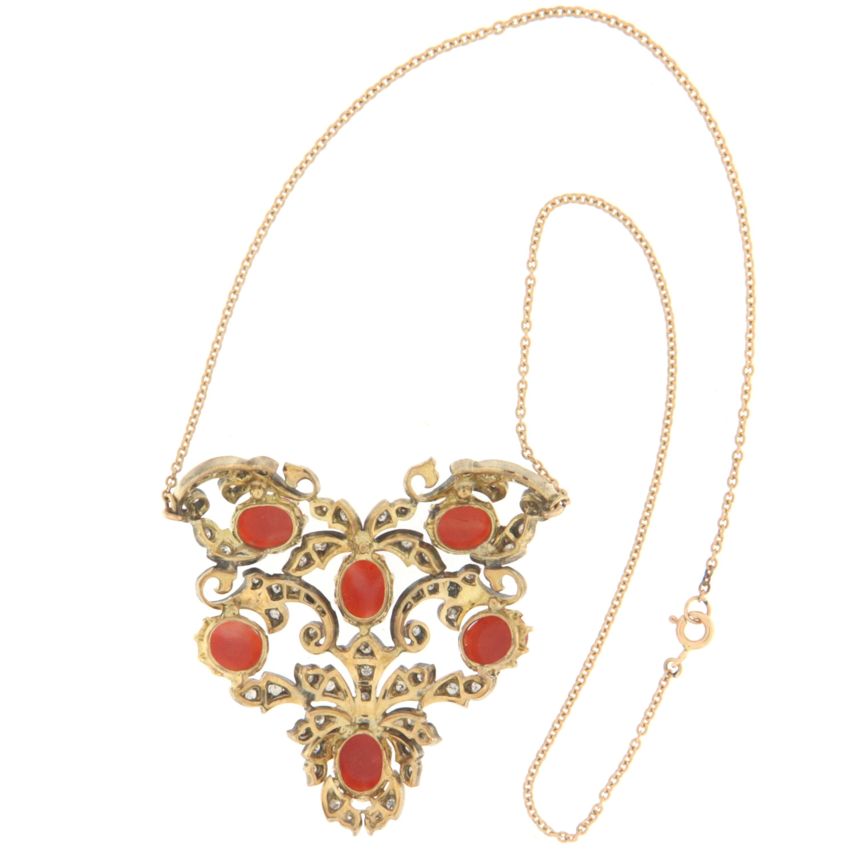 Baroque Revival Coral Diamonds 14 Karat Yellow Gold Pendant Necklace For Sale