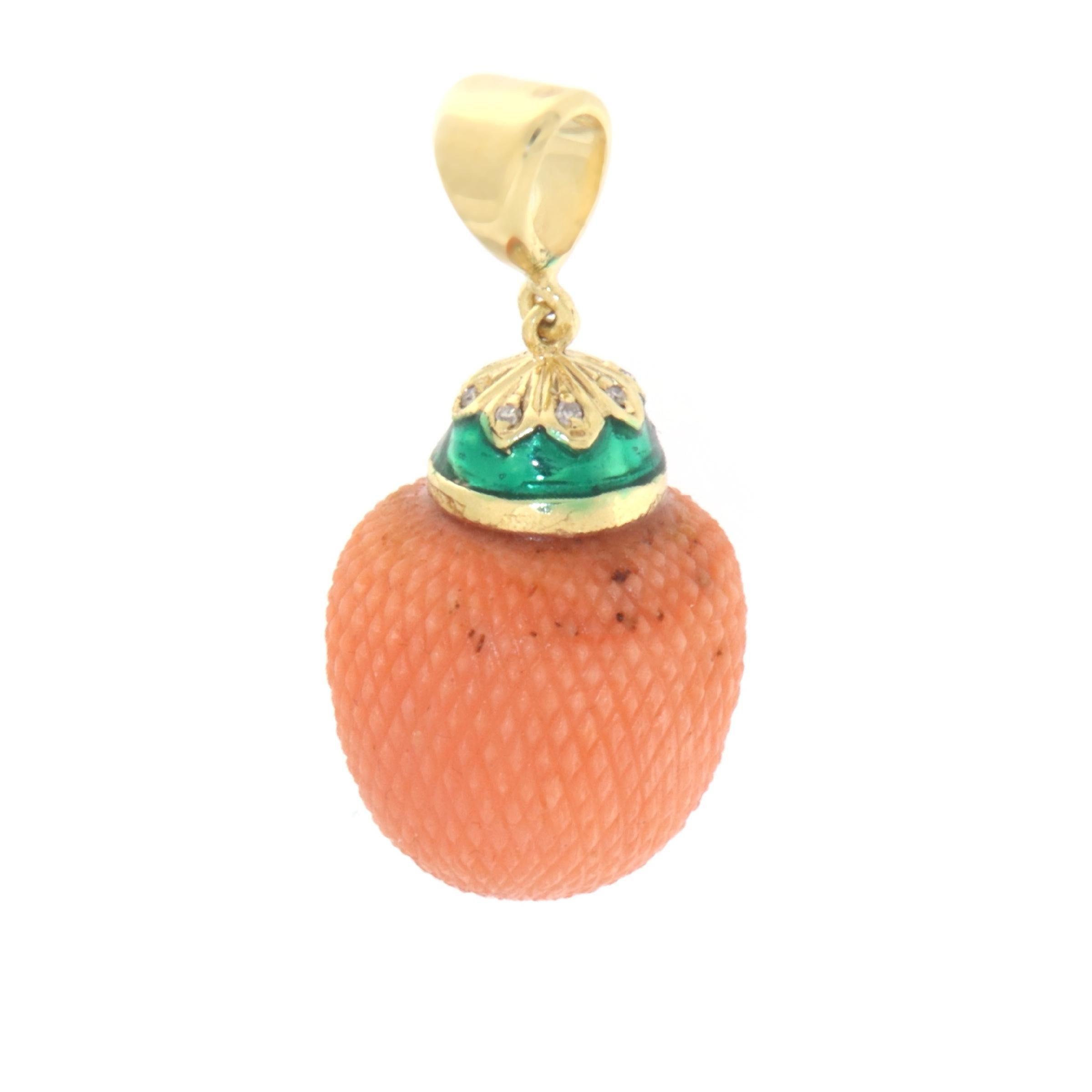 Artisan Coral Diamonds 14 Karat Yellow Gold Pendant Necklace For Sale
