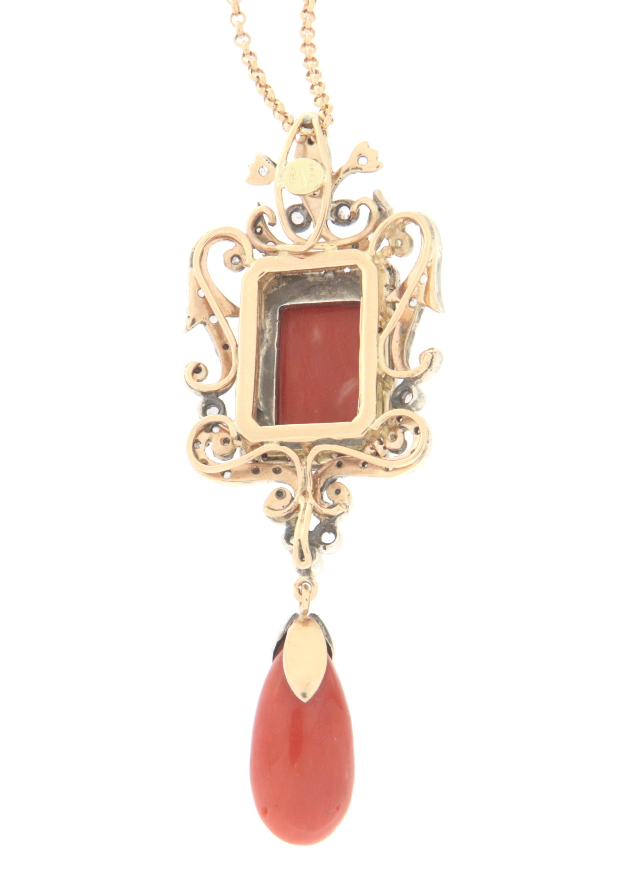 Women's Coral Diamonds 14 Karat Yellow Gold Pendant Necklace For Sale