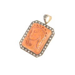 Vintage 14K Yellow Gold & Silver 800, Coral Jesus Pendant with Natural Diamond