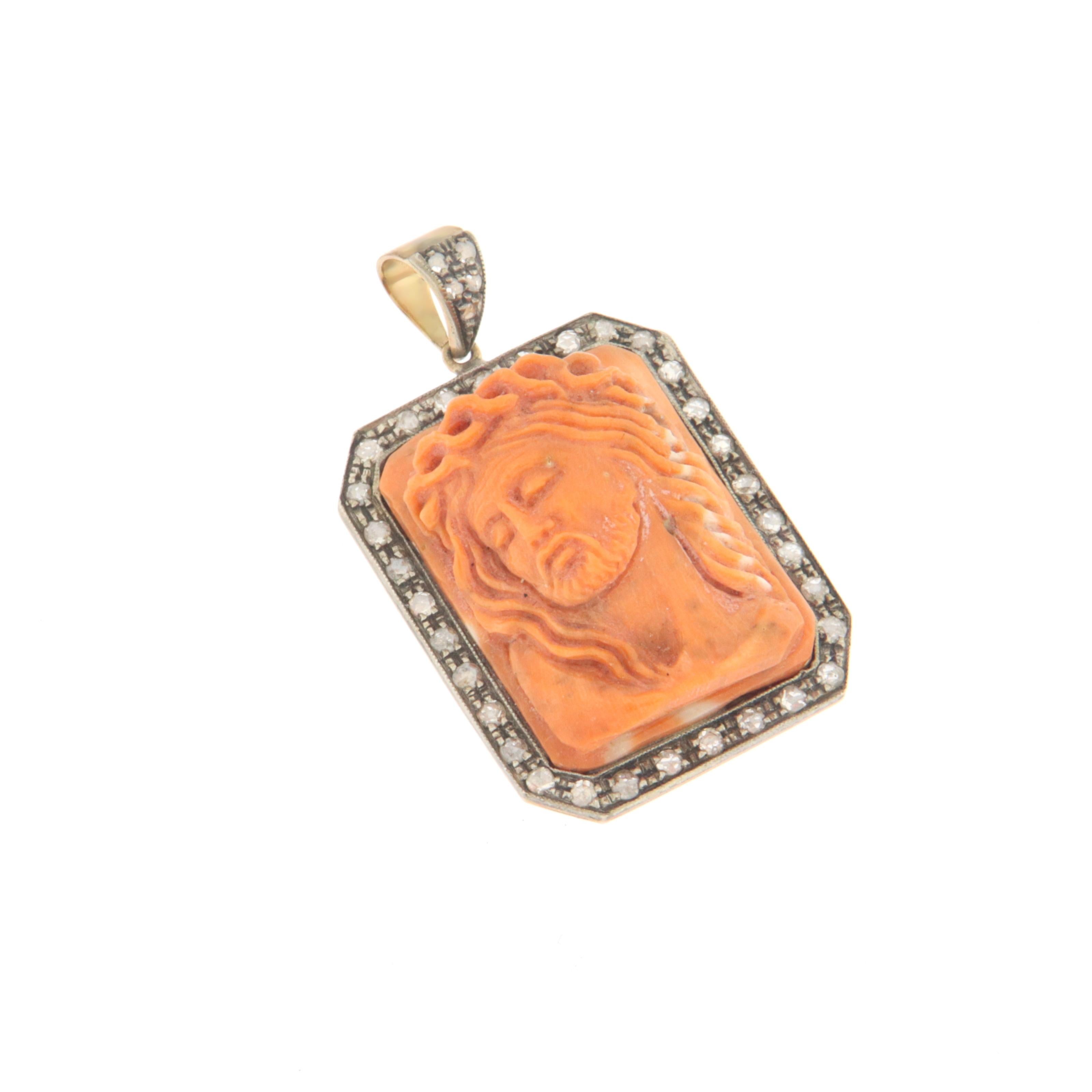 Artisan Coral Diamonds 14 Karat Yellow Gold Pendant Necklaces For Sale