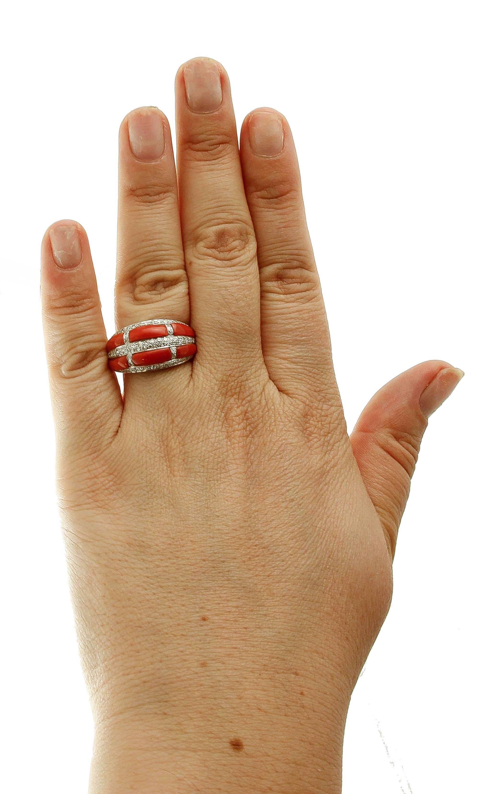 Women's Coral, Diamonds, 14 Karat White Gold Band Ring