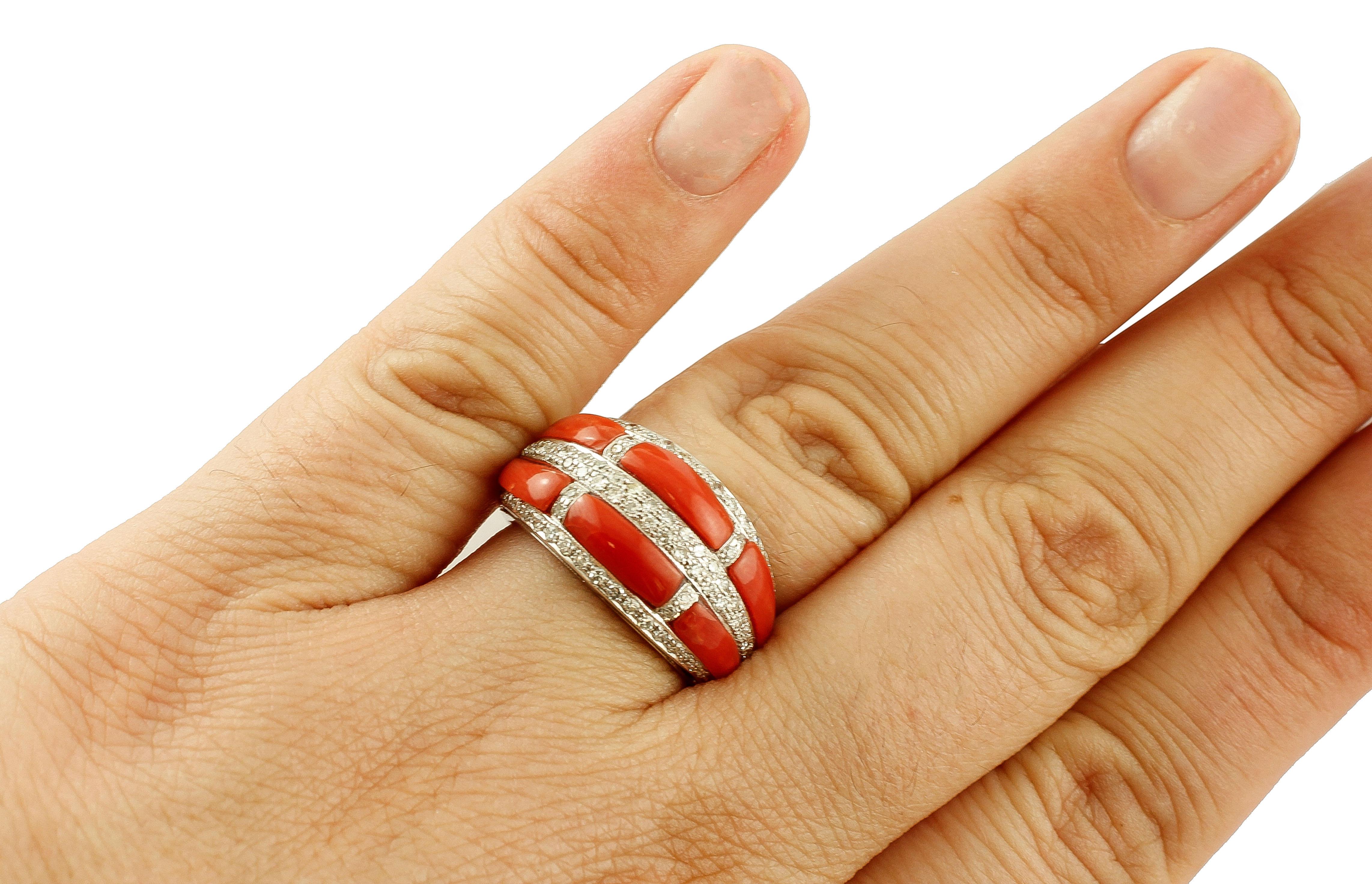 Coral, Diamonds, 14 Karat White Gold Band Ring 1