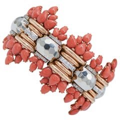 Coral, Diamonds, 18 Karat White and Rose Gold Bracelet