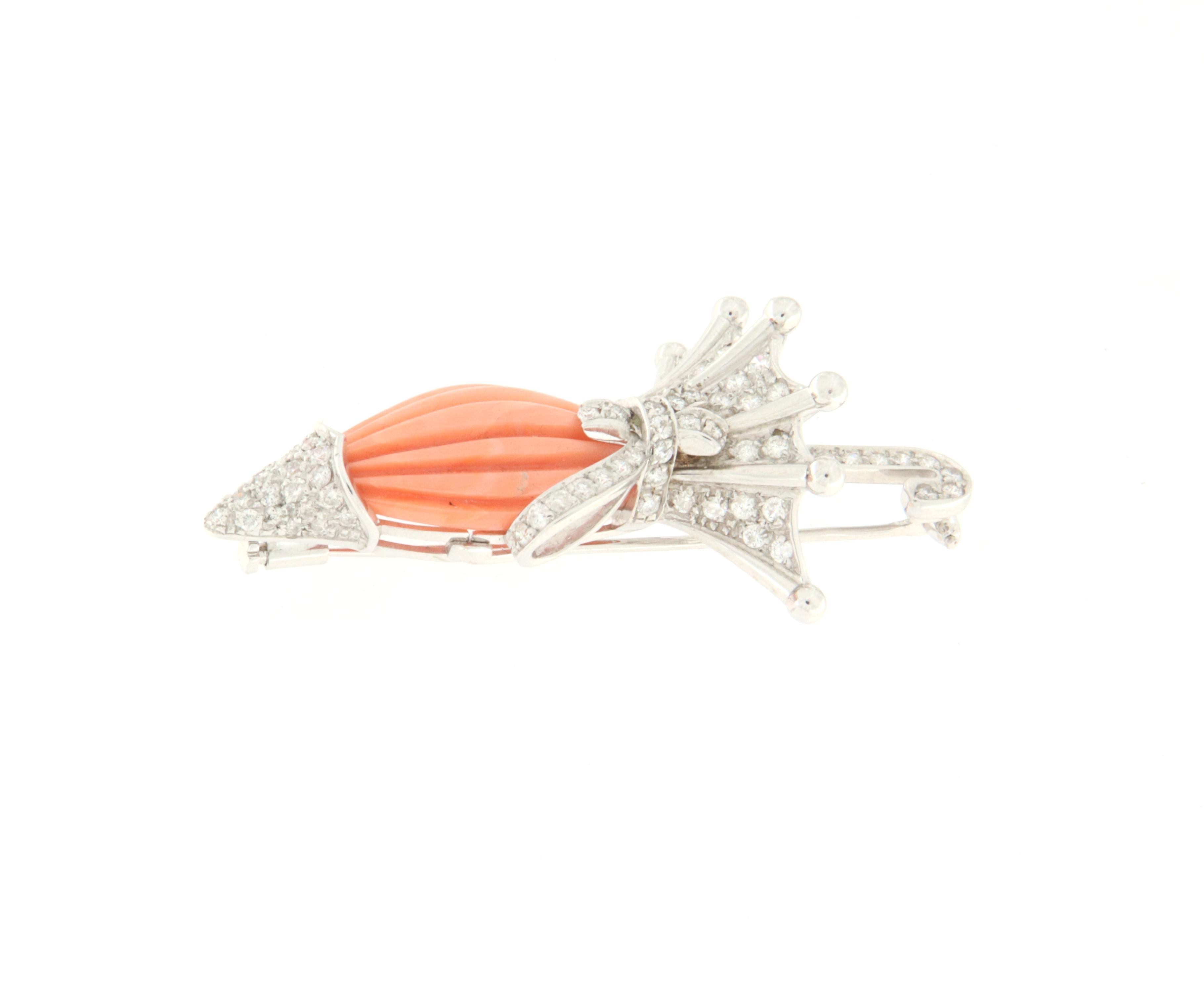 Contemporary Coral Diamonds 18 Karat White Gold Brooch For Sale