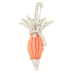 Used Coral Diamonds 18 Karat White Gold Brooch