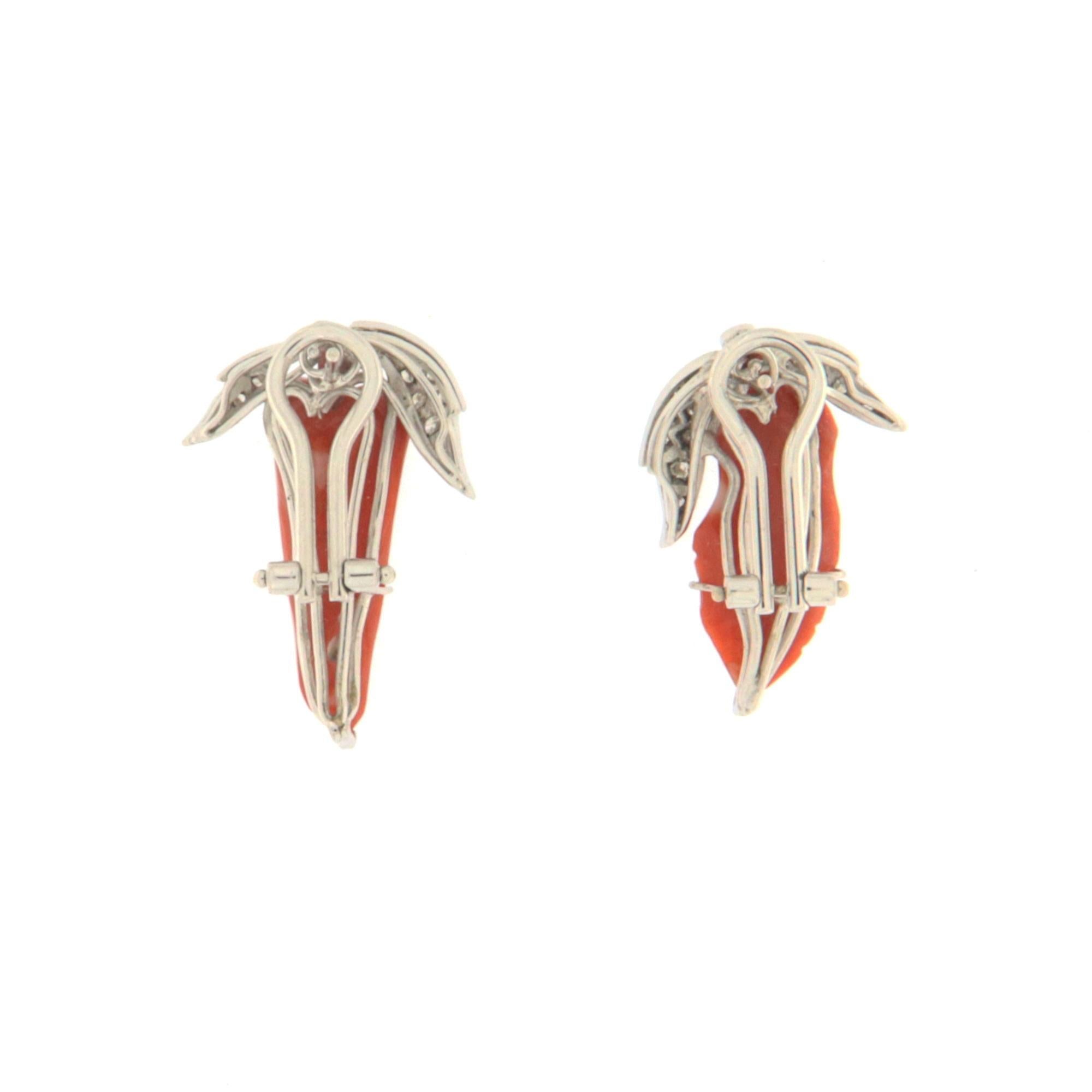 Mixed Cut Coral Diamonds 18 Karat White Gold Clip-on Earrings  For Sale