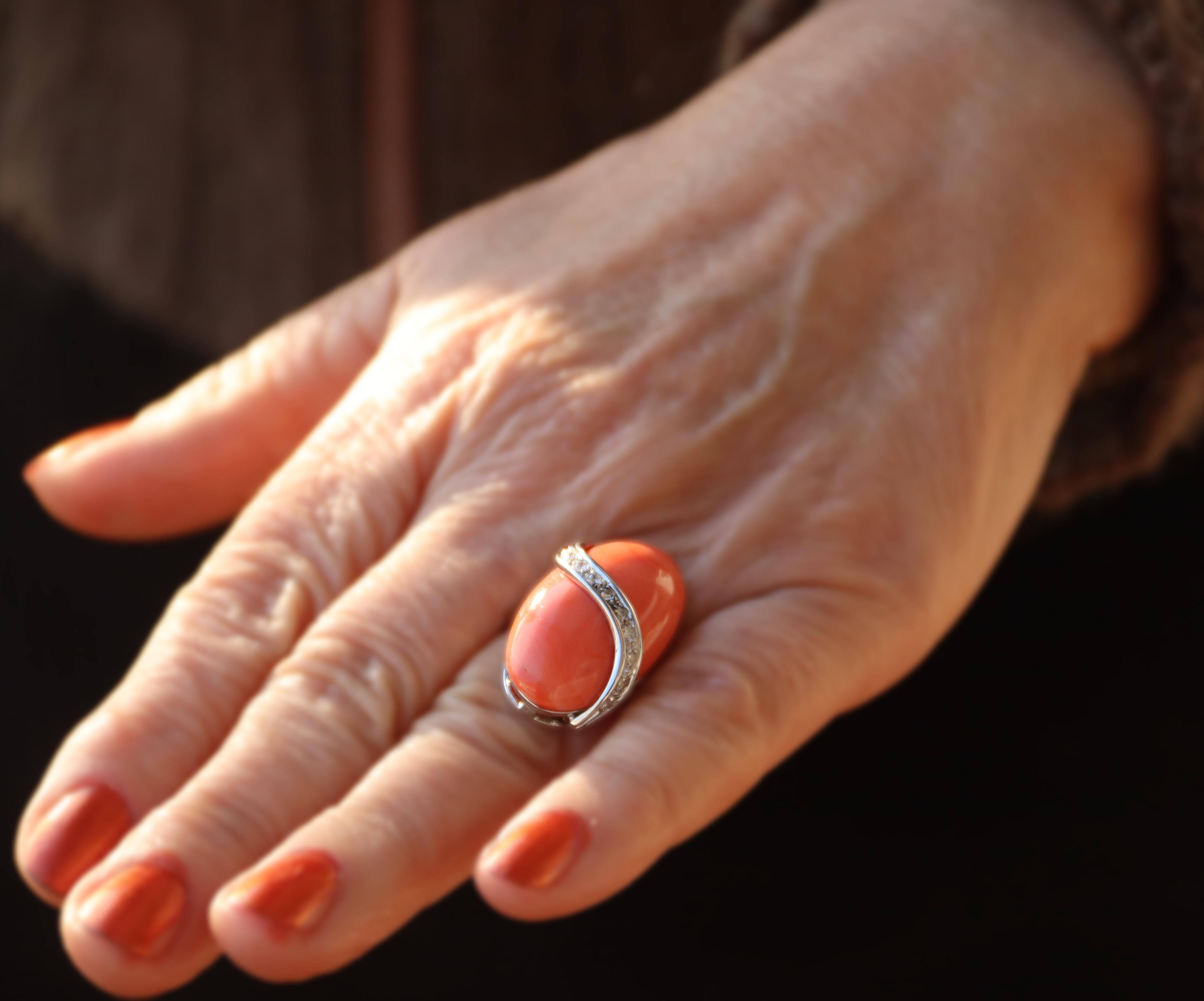 Coral Diamonds 18 Karat White Gold Cocktail Ring For Sale 5