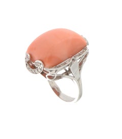SCALA GIOIELLI 18K White Gold Coral Diamond Cocktail Ring, Italy