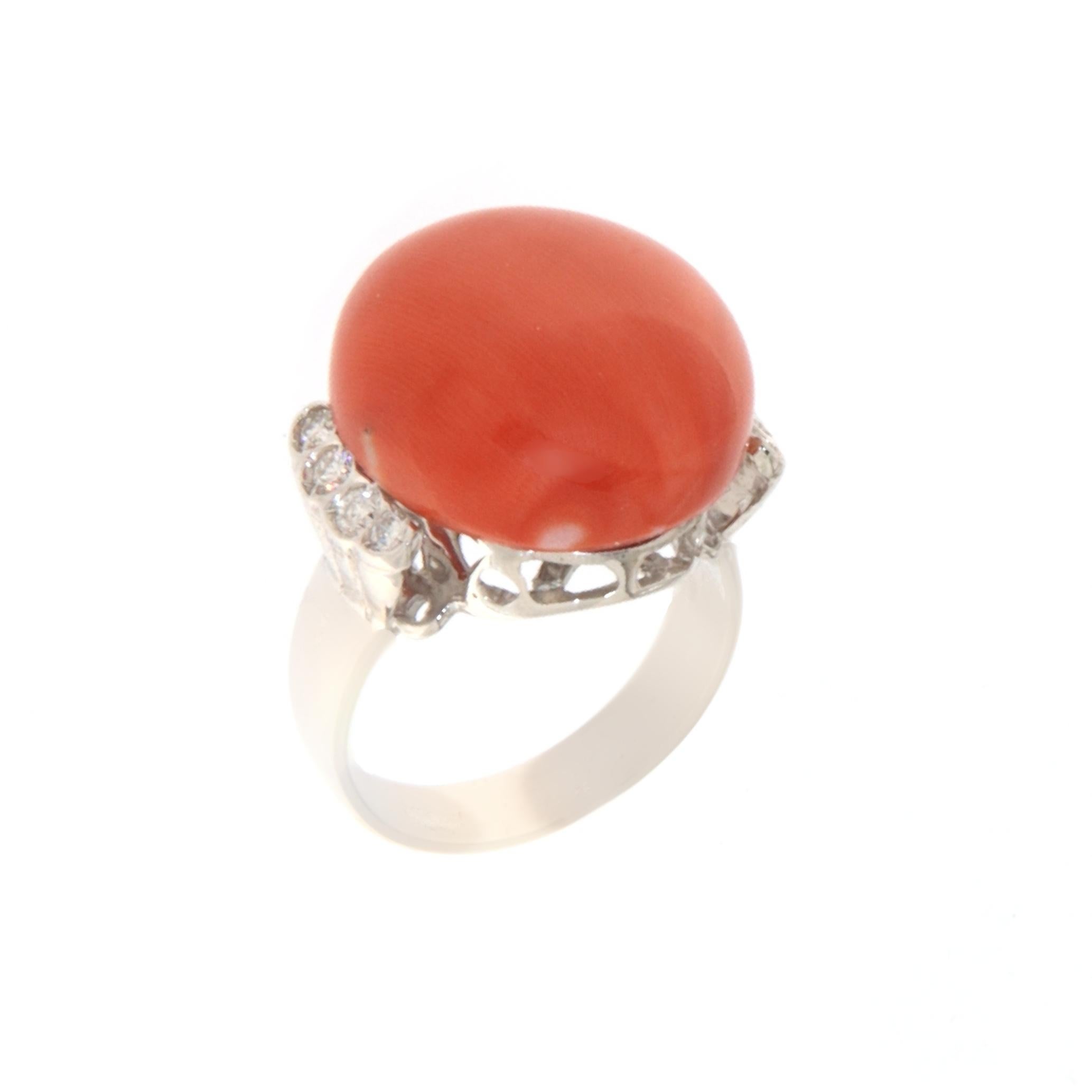 Artisan Coral Diamonds 18 Karat White Gold Cocktail Ring For Sale