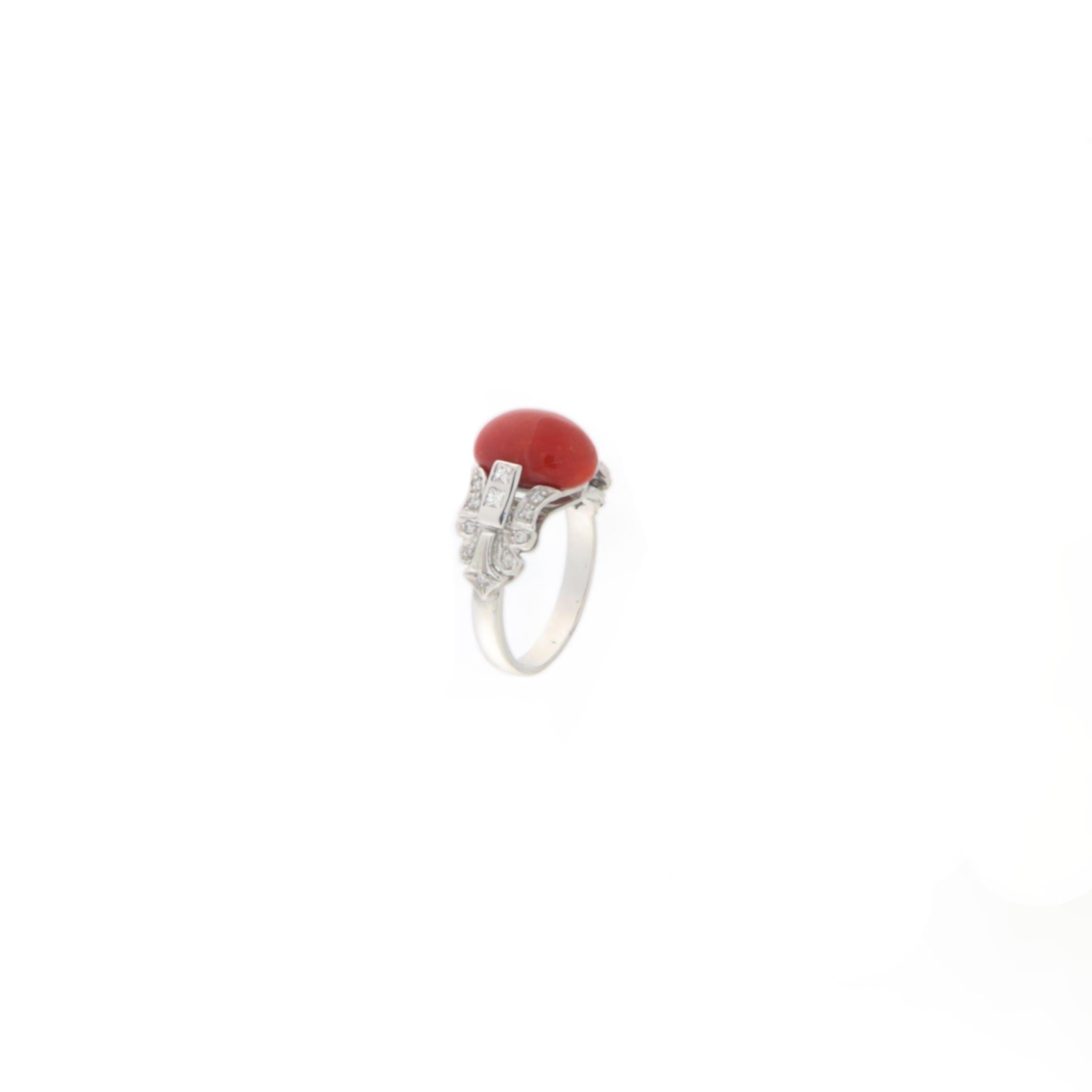 Artisan Coral Diamonds 18 Karat White Gold Cocktail Ring For Sale