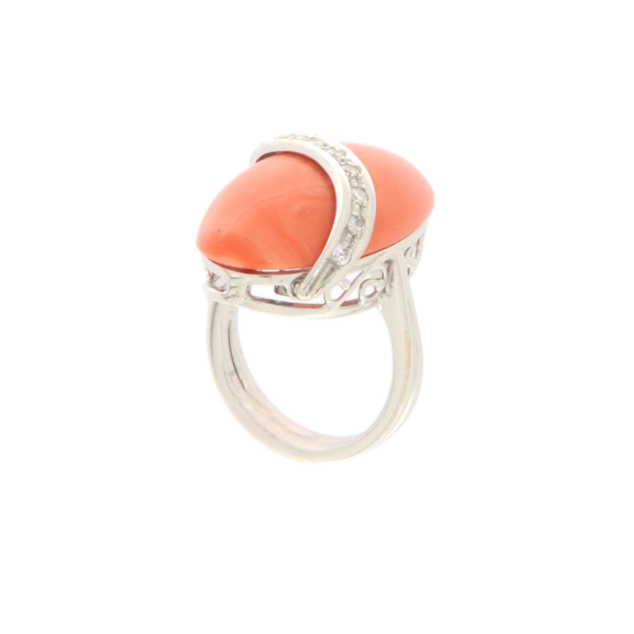 Artisan Coral Diamonds 18 Karat White Gold Cocktail Ring For Sale