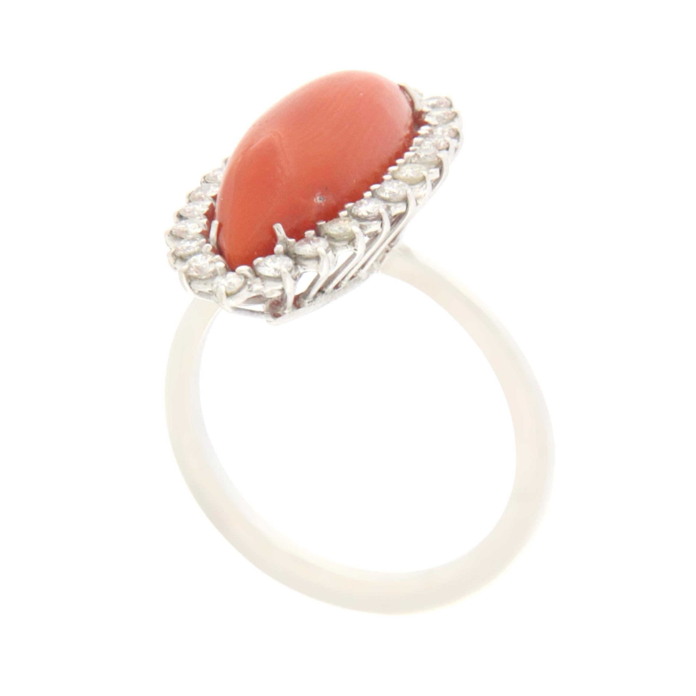Marquise Cut Coral Diamonds 18 Karat White Gold Cocktail Ring For Sale