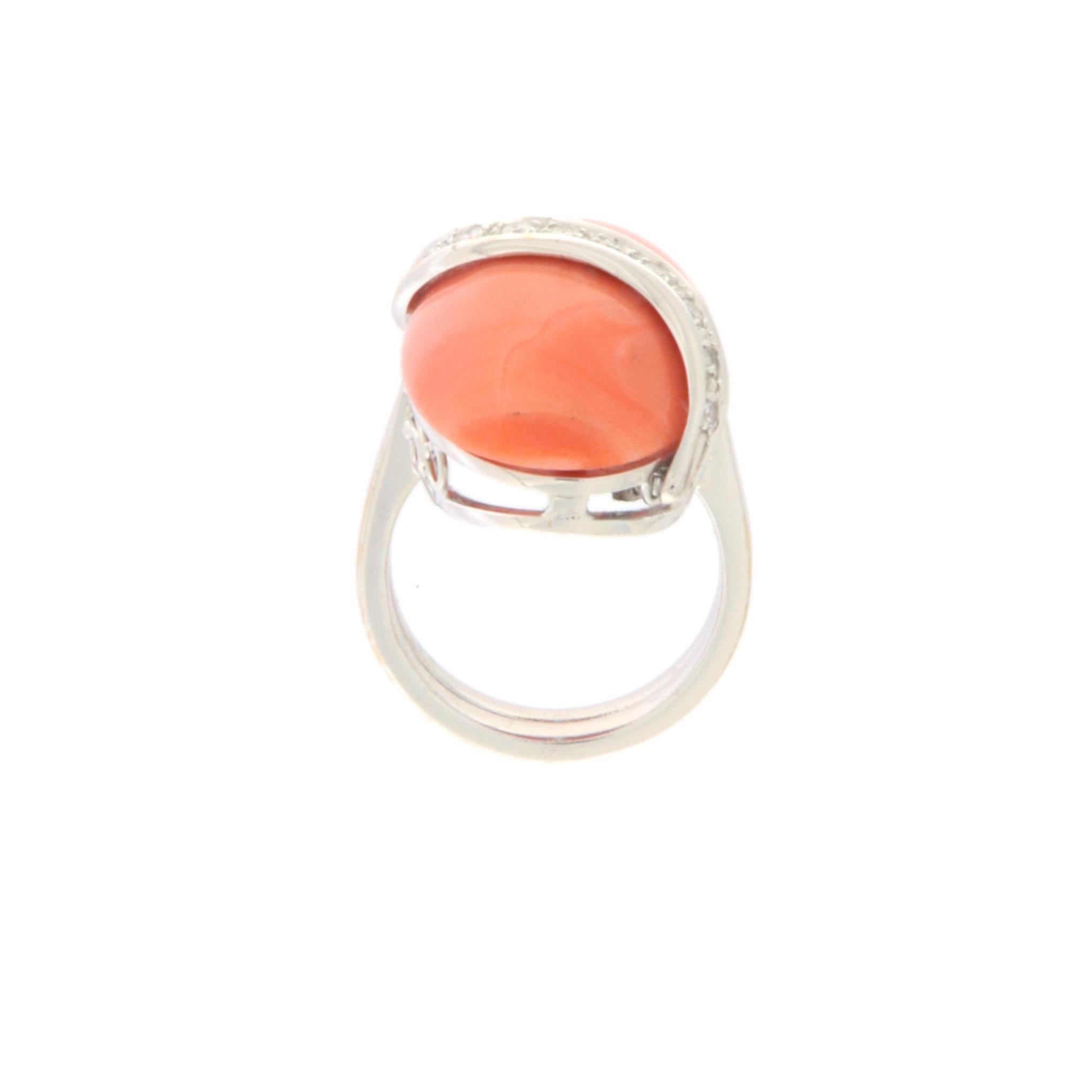 Brilliant Cut Coral Diamonds 18 Karat White Gold Cocktail Ring For Sale