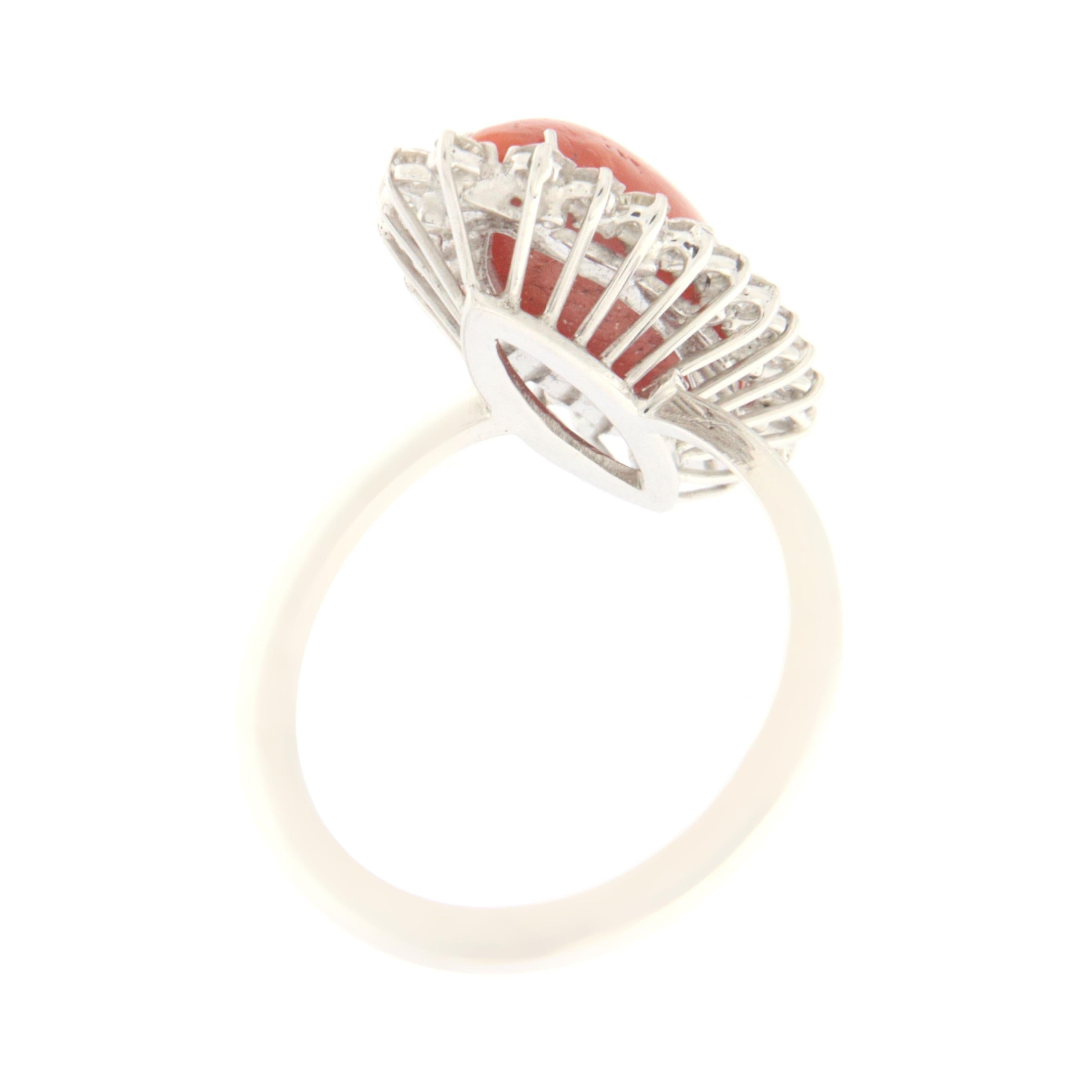 Women's Coral Diamonds 18 Karat White Gold Cocktail Ring For Sale
