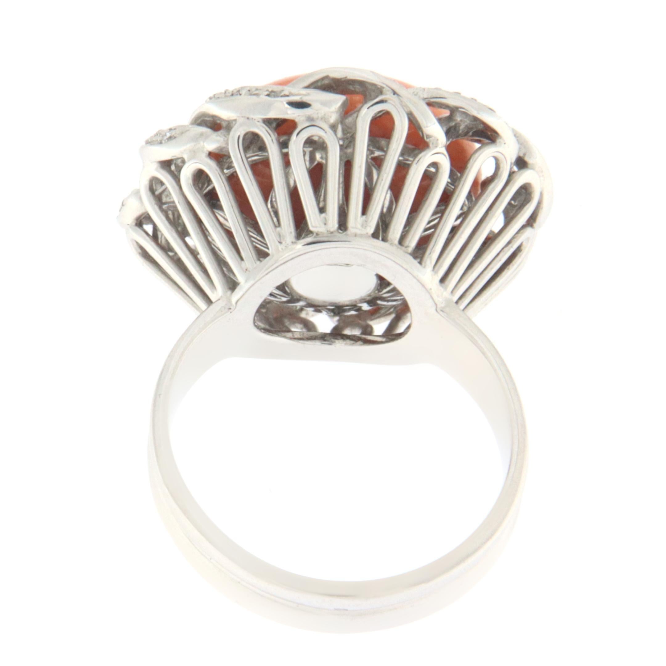 Women's Coral Diamonds 18 Karat White Gold Cocktail Ring For Sale
