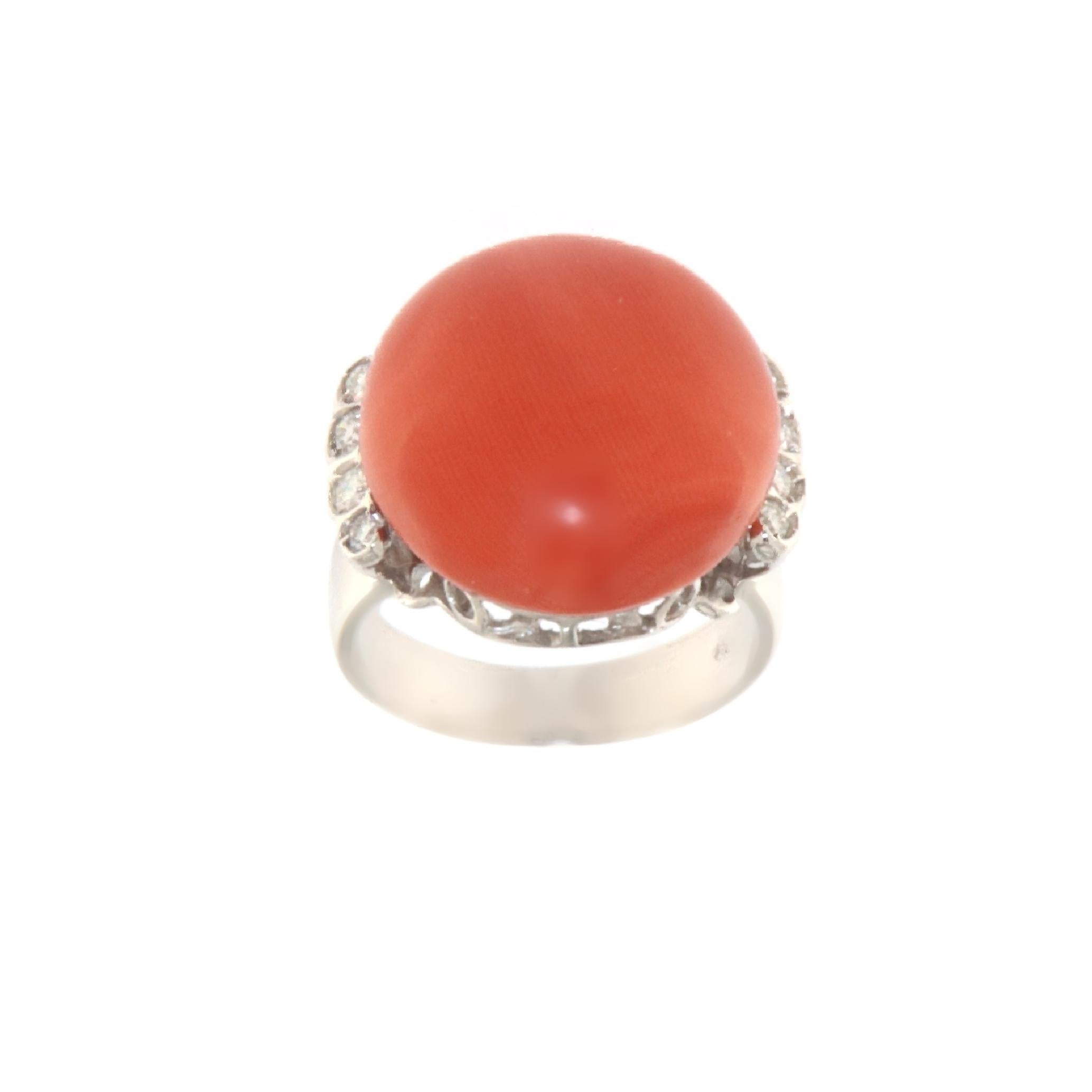 Women's Coral Diamonds 18 Karat White Gold Cocktail Ring For Sale
