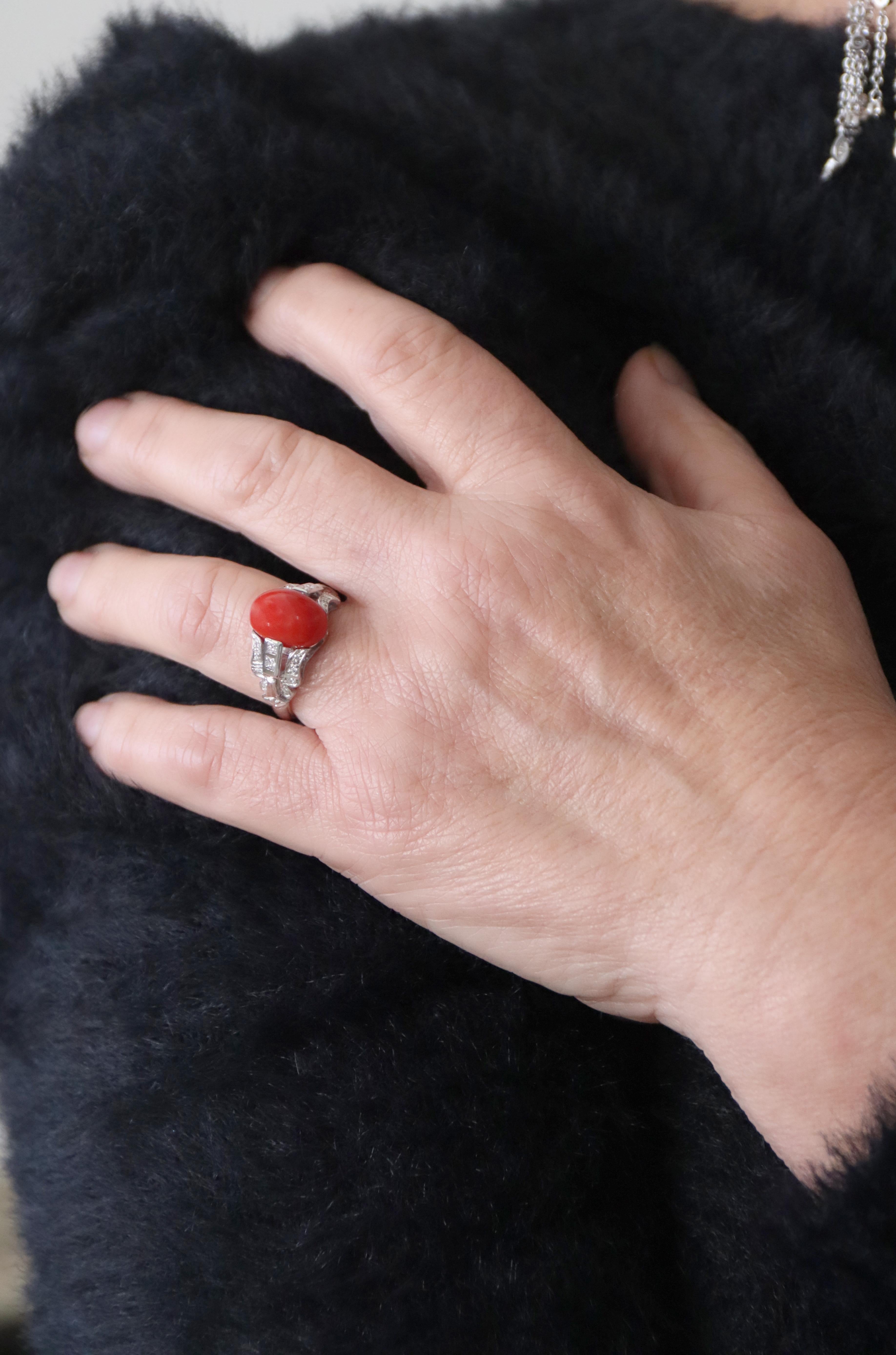 Women's Coral Diamonds 18 Karat White Gold Cocktail Ring For Sale