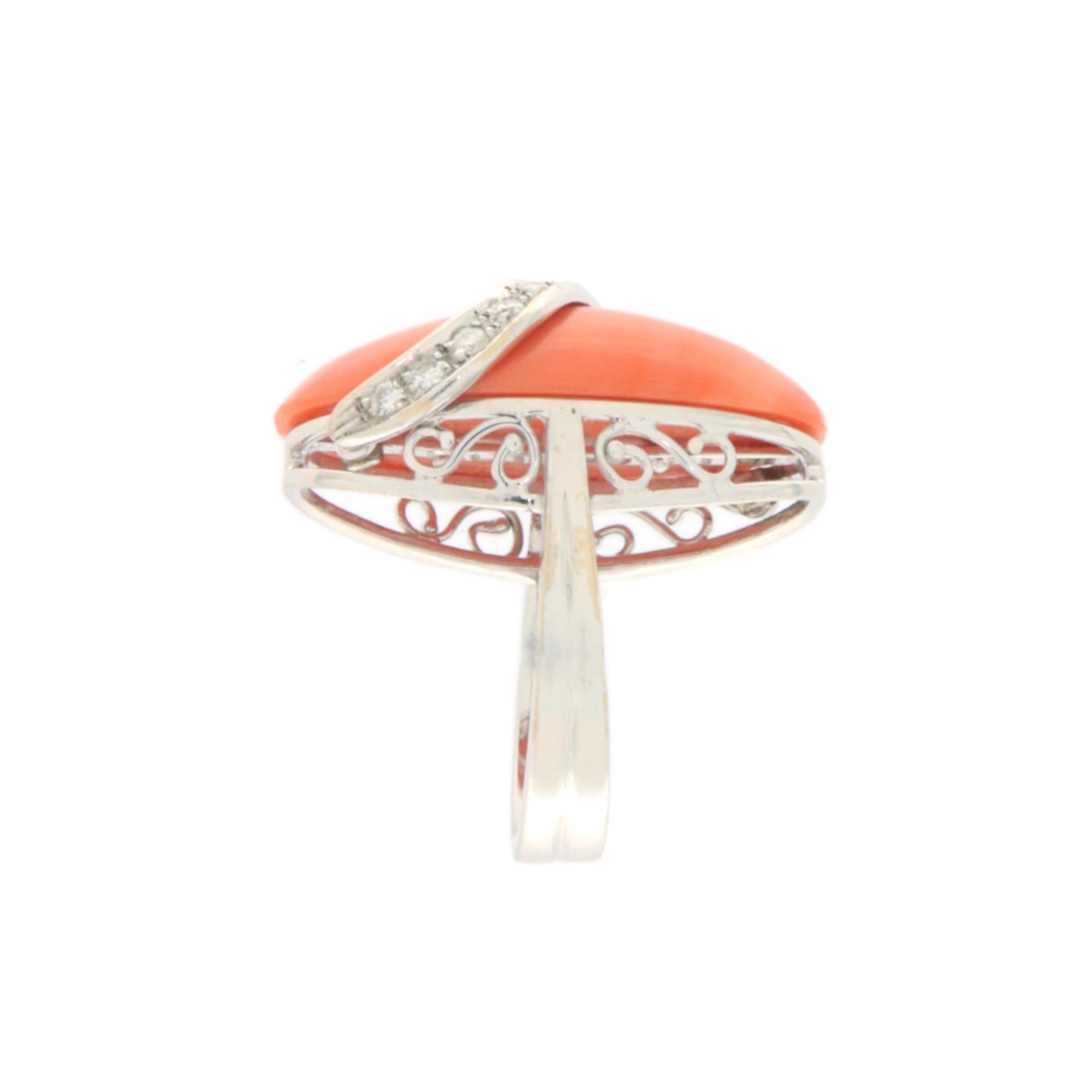 Women's Coral Diamonds 18 Karat White Gold Cocktail Ring For Sale