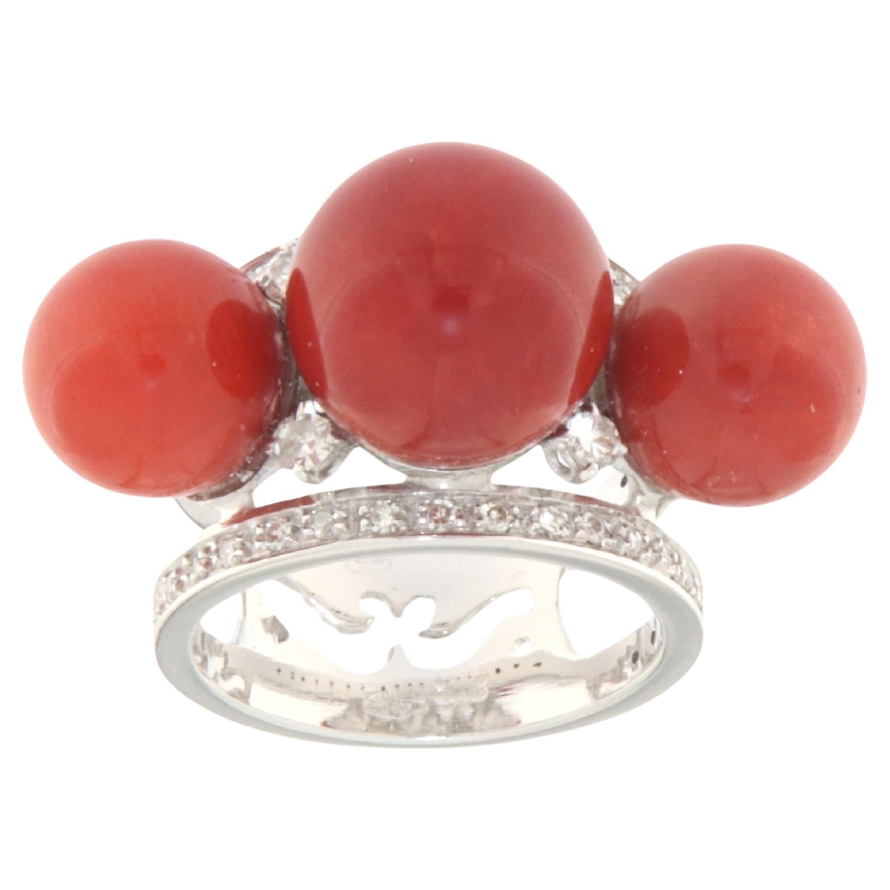 Coral Diamonds 18 Karat White Gold Cocktail Ring For Sale