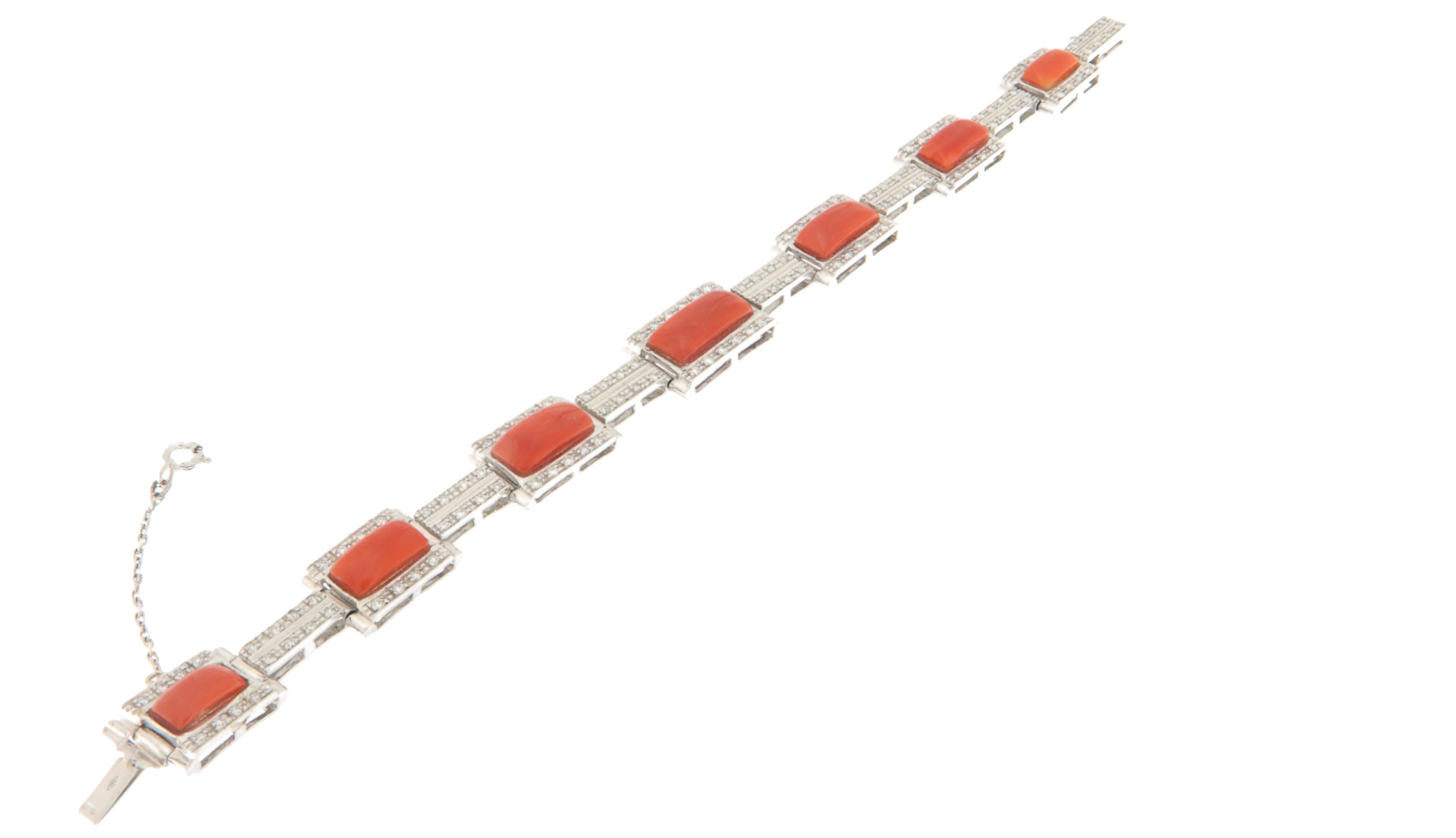 Artisan Coral Diamonds 18 Karat White Gold Cuff Bracelet For Sale