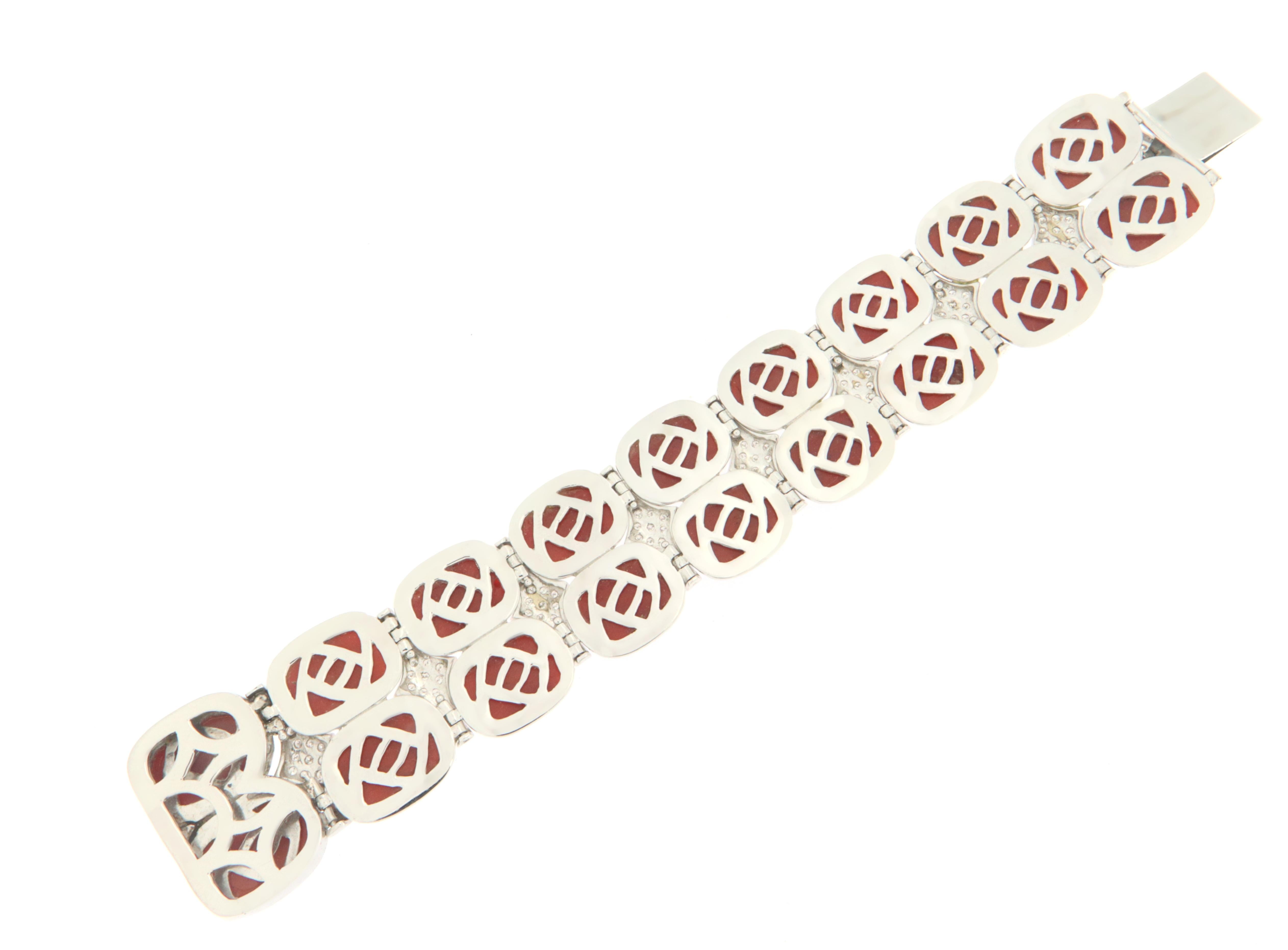 Brilliant Cut Coral Diamonds 18 Karat White Gold Cuff Bracelet For Sale