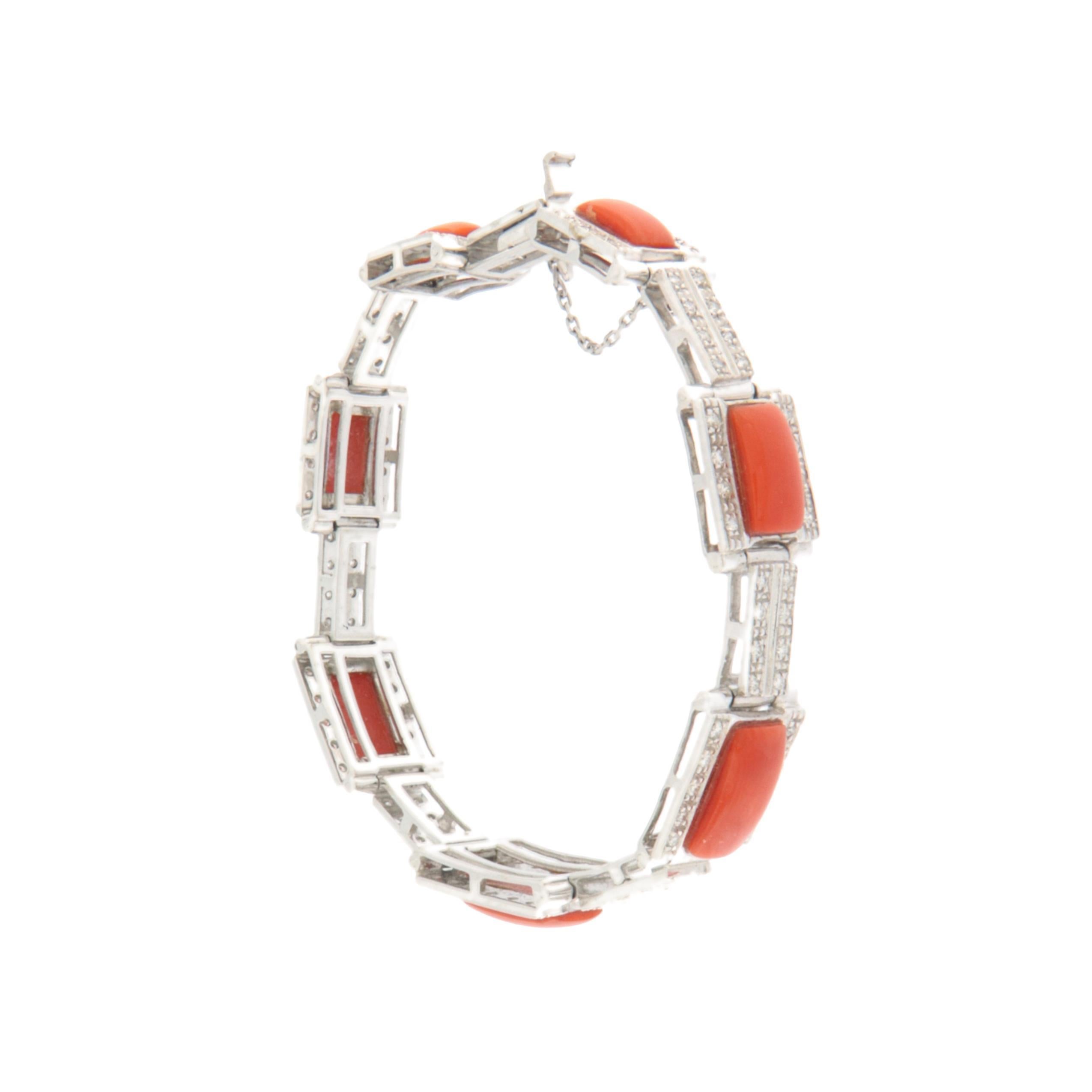 Brilliant Cut Coral Diamonds 18 Karat White Gold Cuff Bracelet For Sale