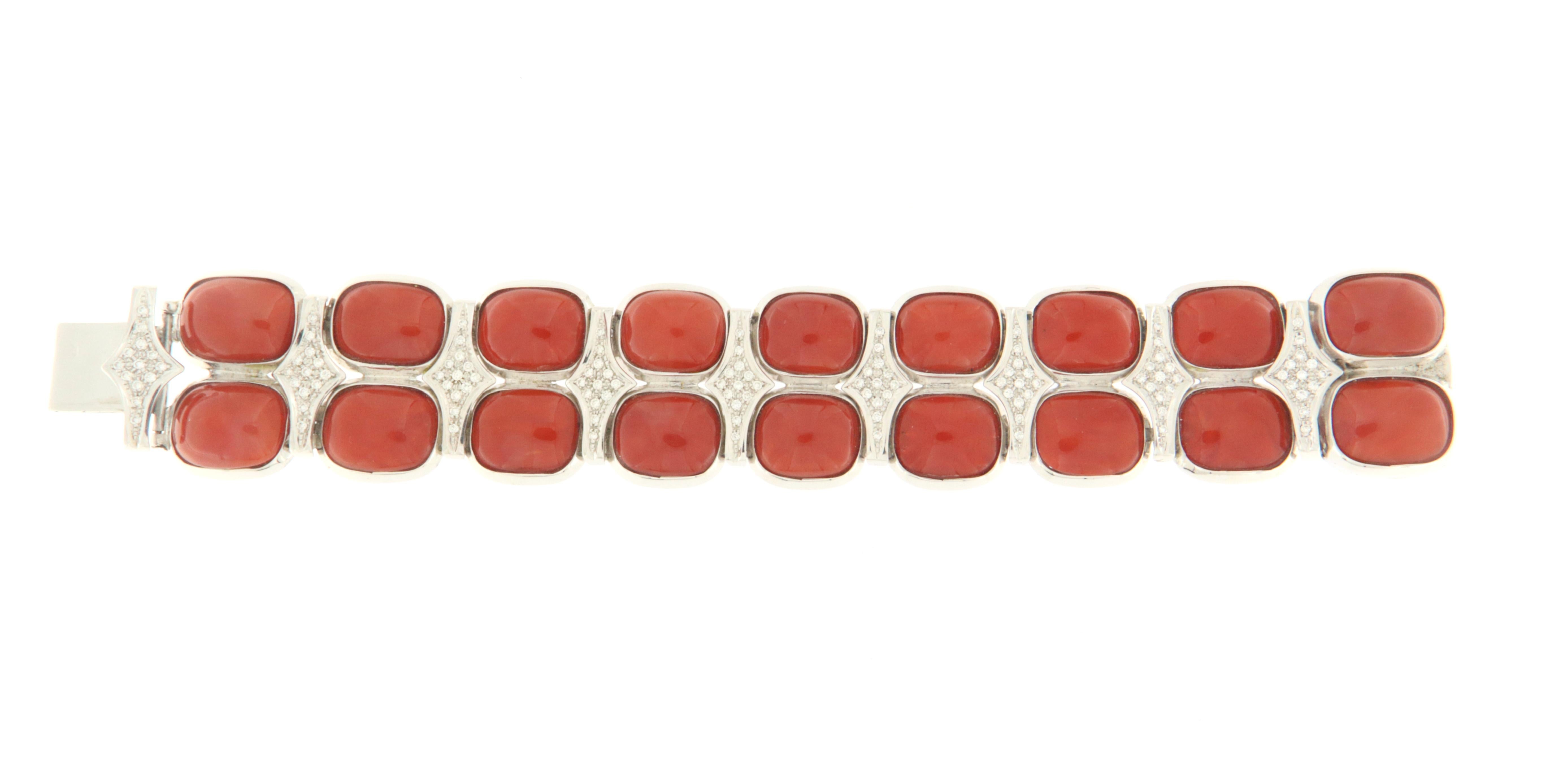 Women's Coral Diamonds 18 Karat White Gold Cuff Bracelet For Sale