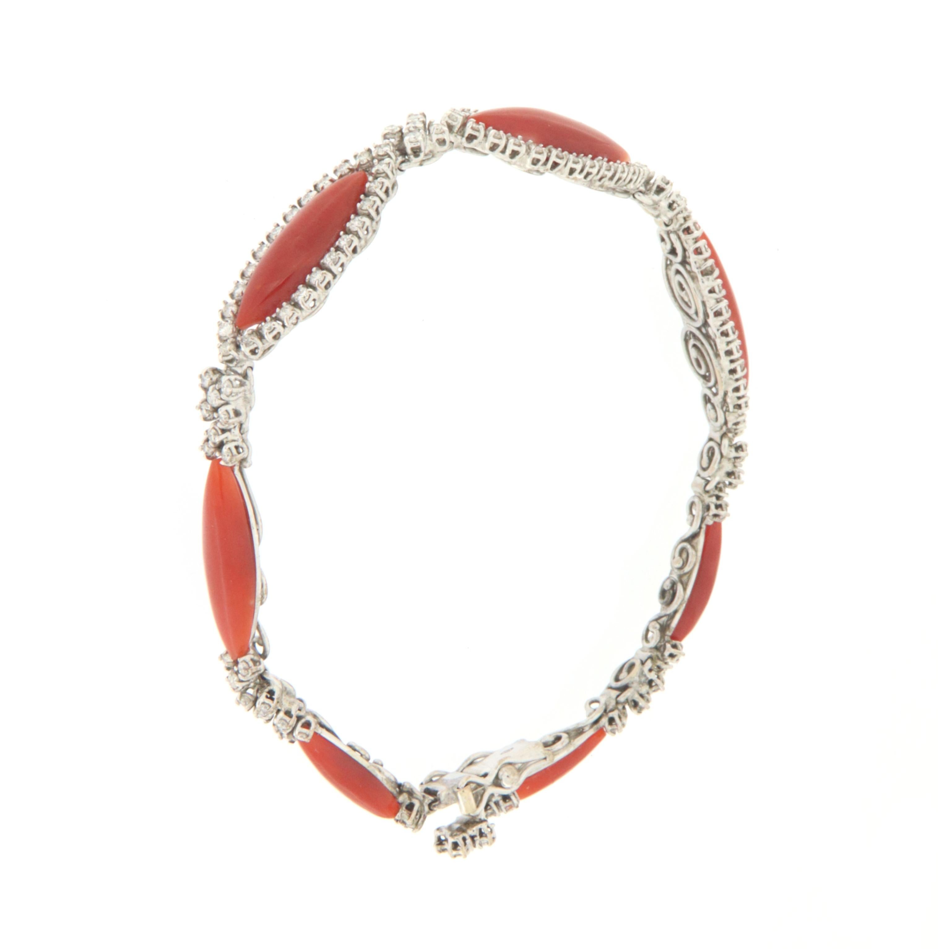 Women's Coral Diamonds 18 Karat White Gold Cuff Bracelet For Sale