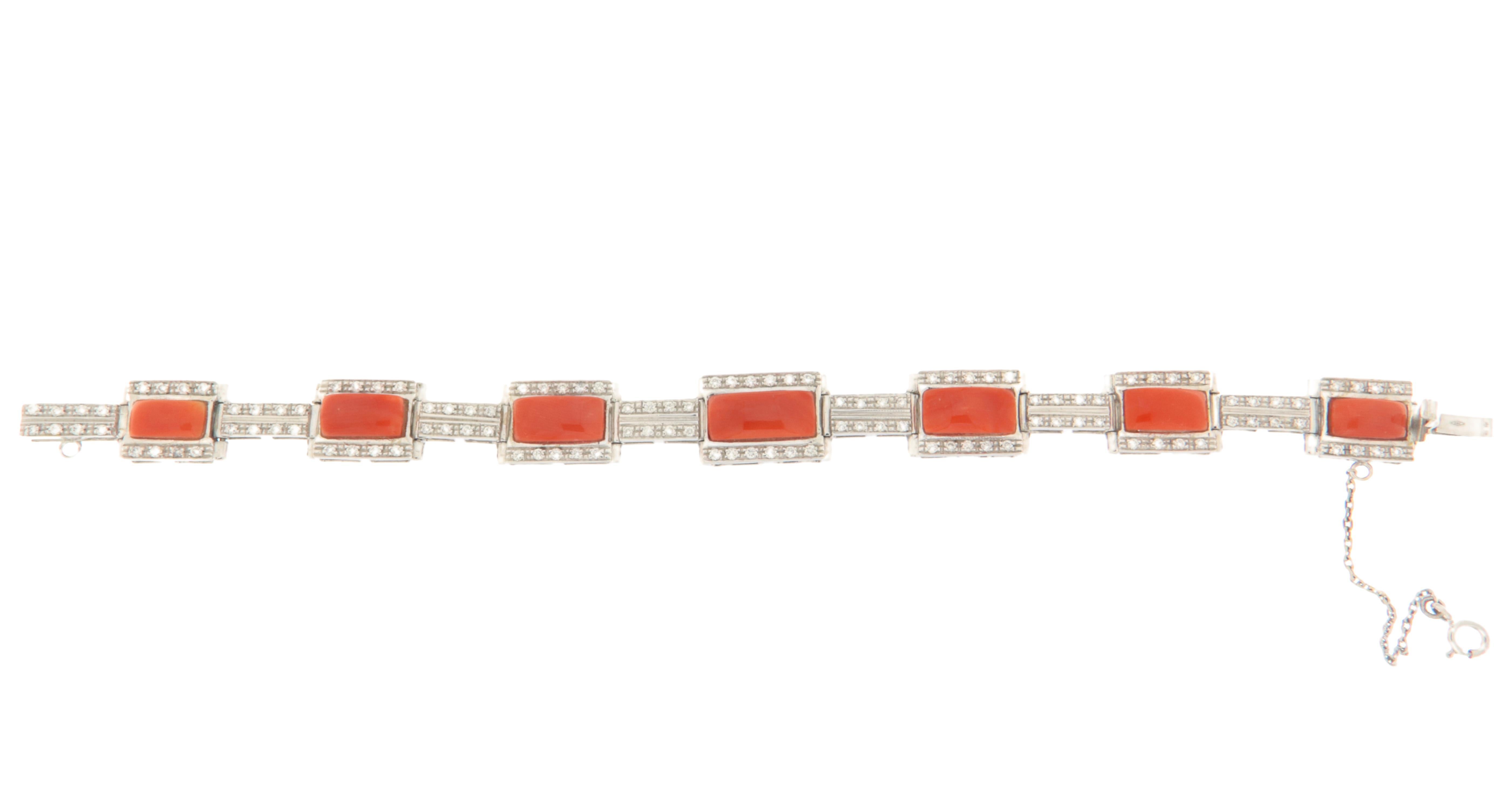 Women's Coral Diamonds 18 Karat White Gold Cuff Bracelet For Sale